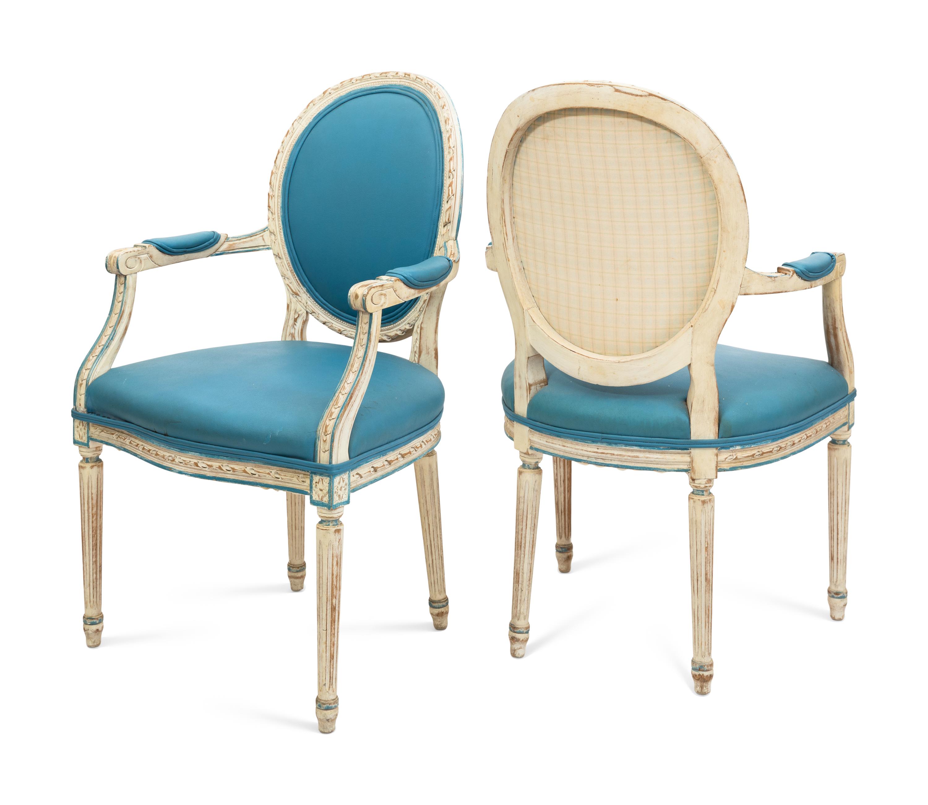 A Pair of Louis XVI Style White-Painted Medallion-Back Fauteuils