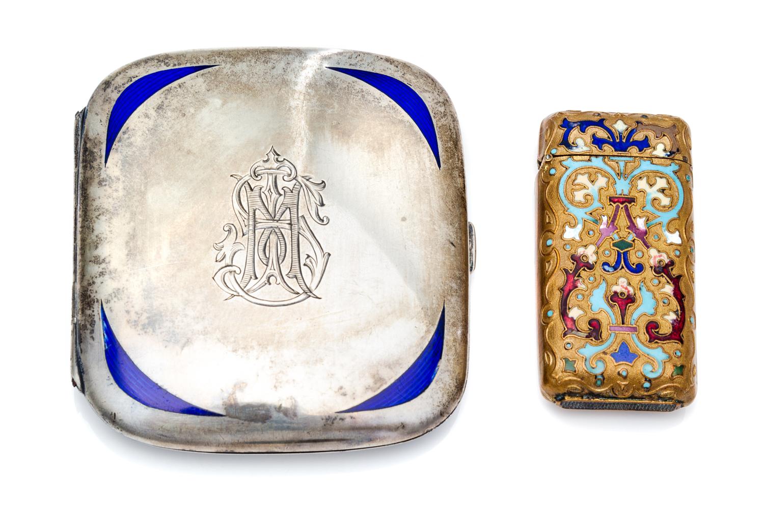 An Austrian Silver and Enamel Cigarette Case, , the lid worked with blue enamel spandrels and centered by an engraved monogram, togethe