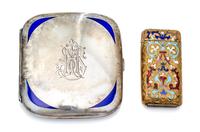 An Austrian Silver and Enamel Cigarette Case, , the lid worked with blue enamel spandrels and centered by an engraved monogram, togethe