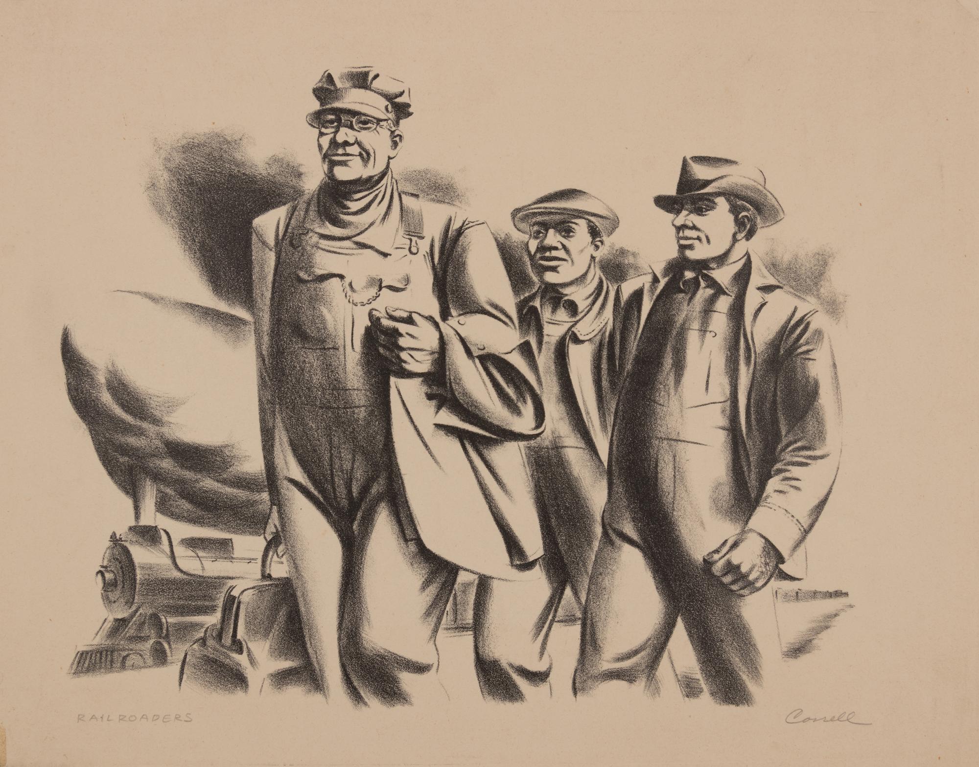 A group of four American prints (Irving Amen, Bitter Harvest ; Richard Correll, The Railroaders ; John de Martelly, Give us this Day ; Barbara Latham, A Negro Group )