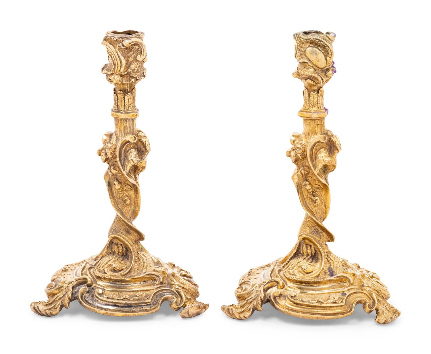 A Pair of Rococo Style Gilt Bronze Candlesticks