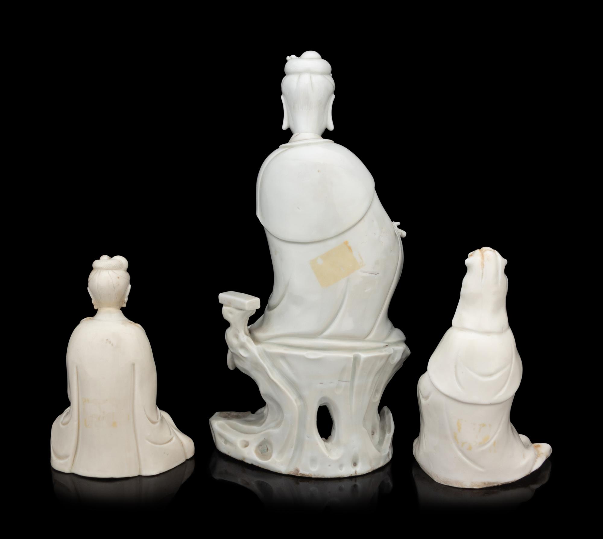 Three Chinese Blanc-de-Chine Porcelain Figures of Guanyin