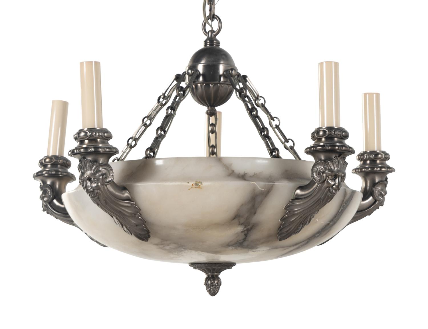 A Neoclassical Style Silvered Brass and Alabaster Five-Light Chandelier