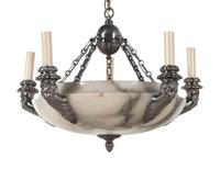 A Neoclassical Style Silvered Brass and Alabaster Five-Light Chandelier