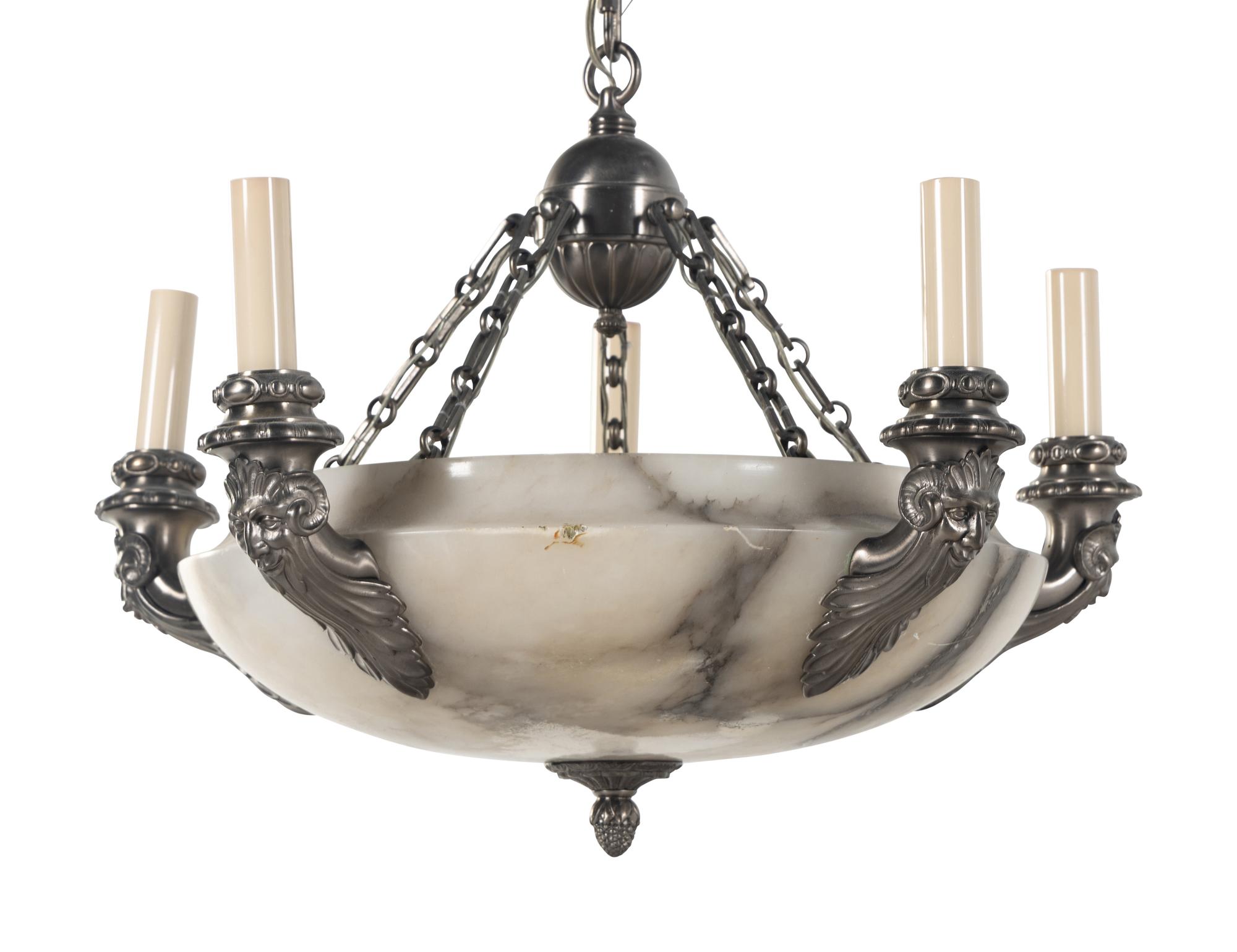A Neoclassical Style Silvered Brass and Alabaster Five-Light Chandelier