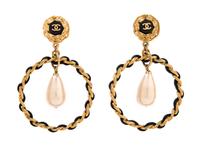 A Pair of Chanel Goldtone and Black Leather Hoop Earclips, 3.25" x 2".