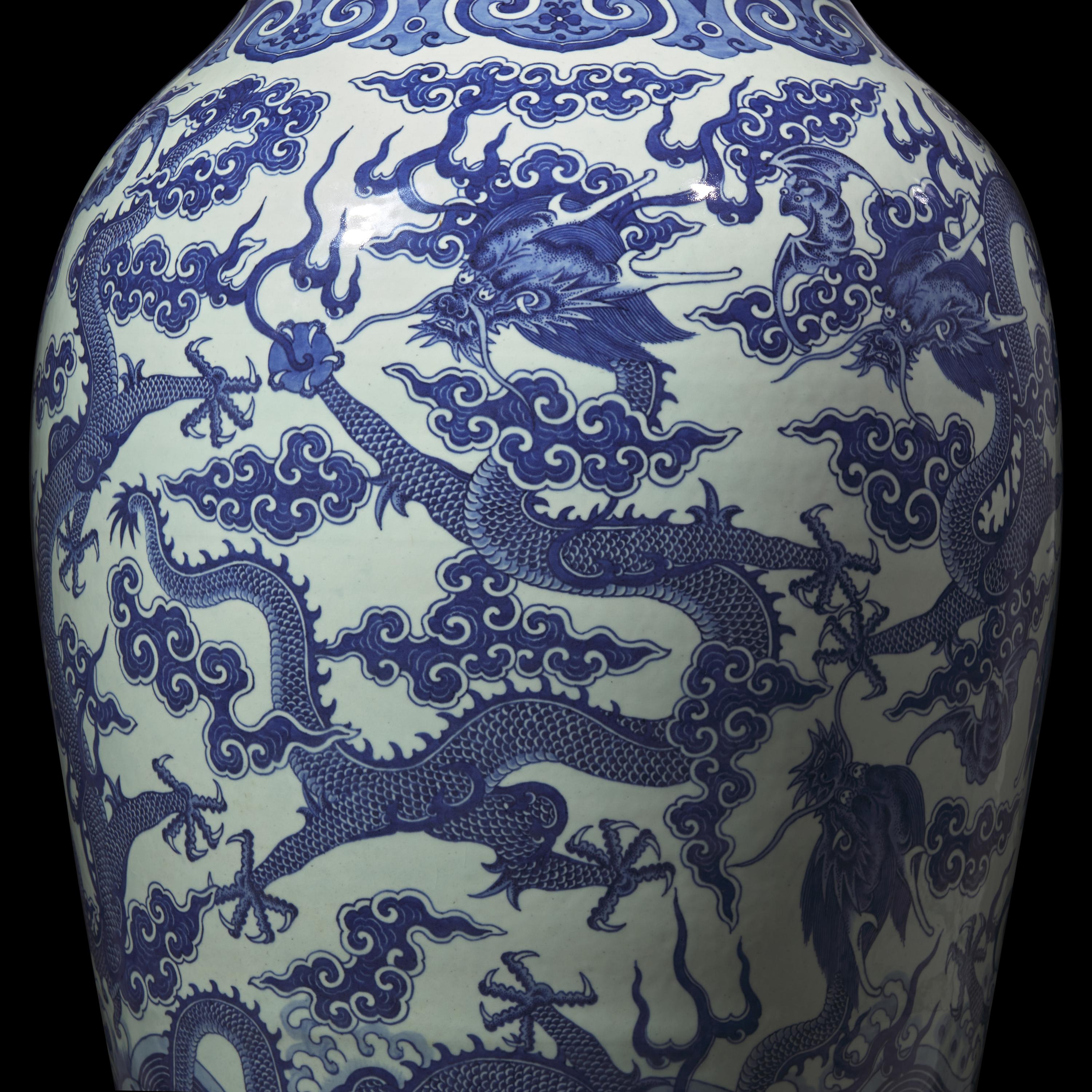 A Magnificent, Monumental, and Extremely Rare Chinese Blue and White 'Nine Dragons' Vase, Qing Dynasty, Jiaqing/Daoguang Period