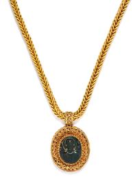 A High Karat Yellow Gold and Bloodstone Cameo Pendant Necklace, 60.30 dwts.