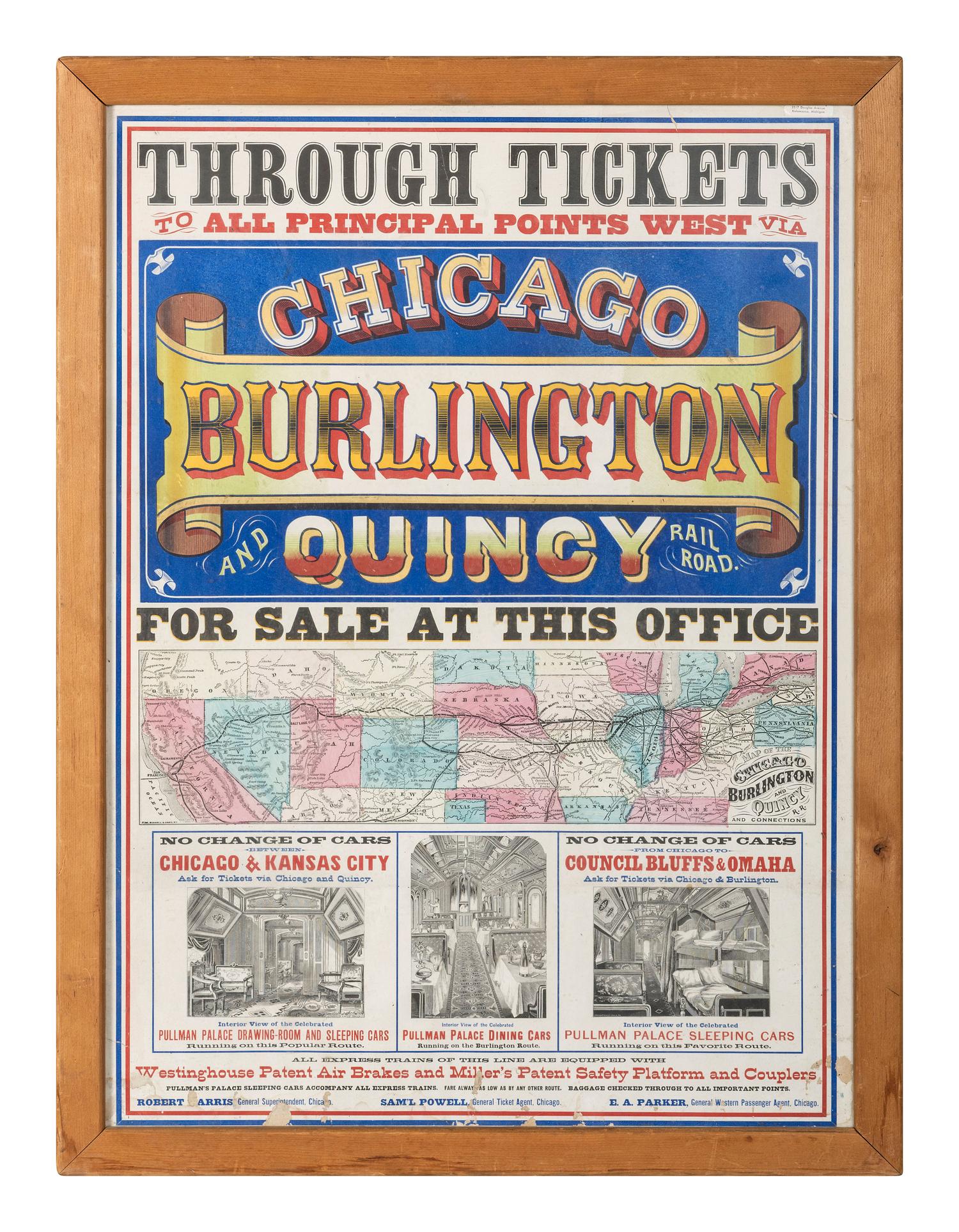 [TRANSPORTATION - RAILROAD]. Through Tickets to All Principal Points West Via Chicago Burlington and Quincy Railroad For Sale at This Office. Chicago, IL: Norton & Leonard Printers, n.d.