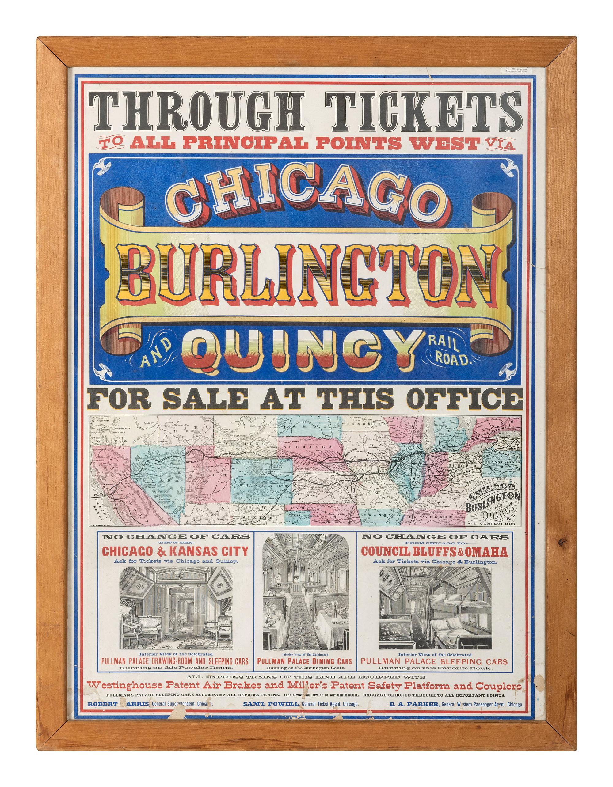 [TRANSPORTATION - RAILROAD]. Through Tickets to All Principal Points West Via Chicago Burlington and Quincy Railroad For Sale at This Office. Chicago, IL: Norton & Leonard Printers, n.d.