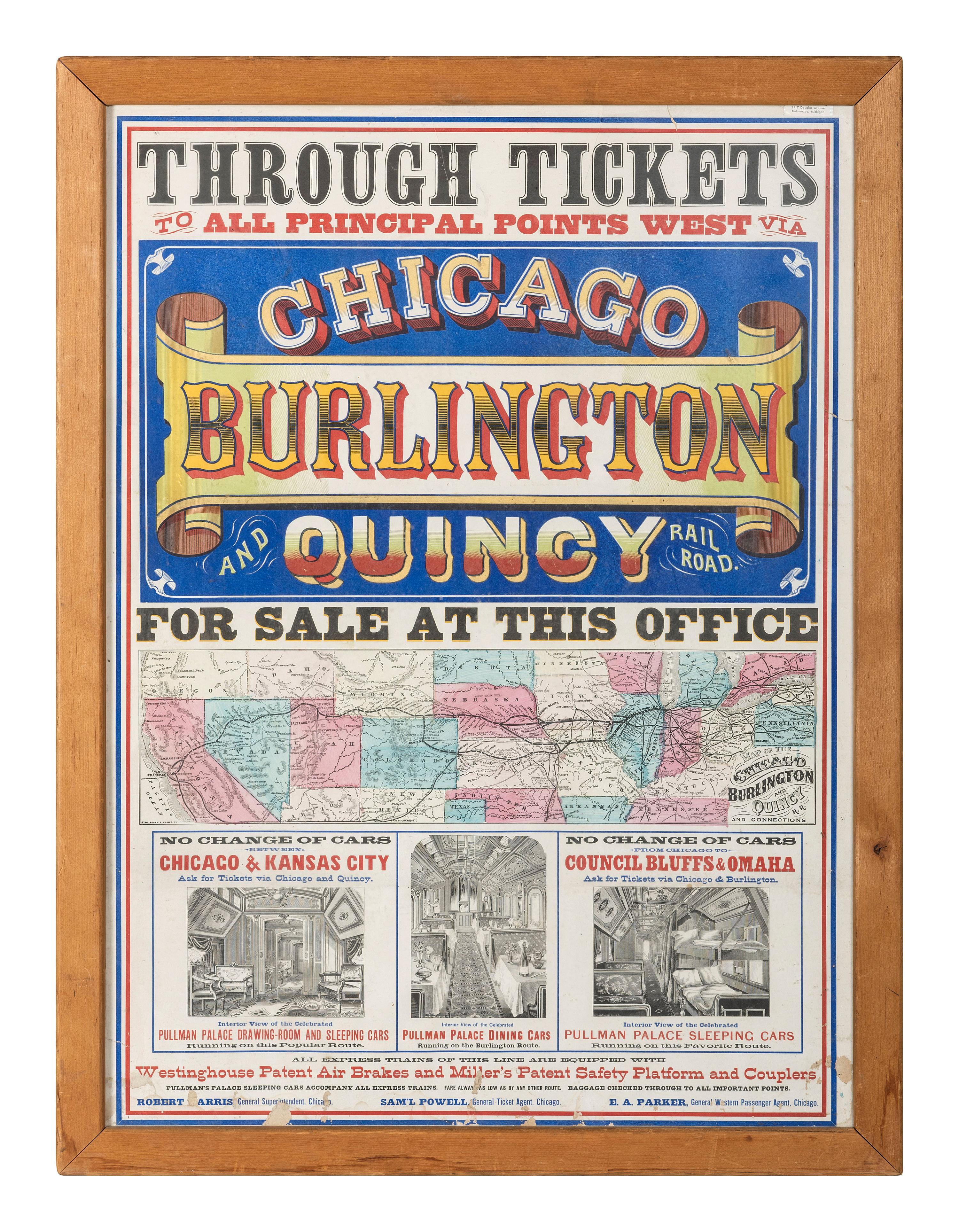 [TRANSPORTATION - RAILROAD]. Through Tickets to All Principal Points West Via Chicago Burlington and Quincy Railroad For Sale at This Office. Chicago, IL: Norton & Leonard Printers, n.d.