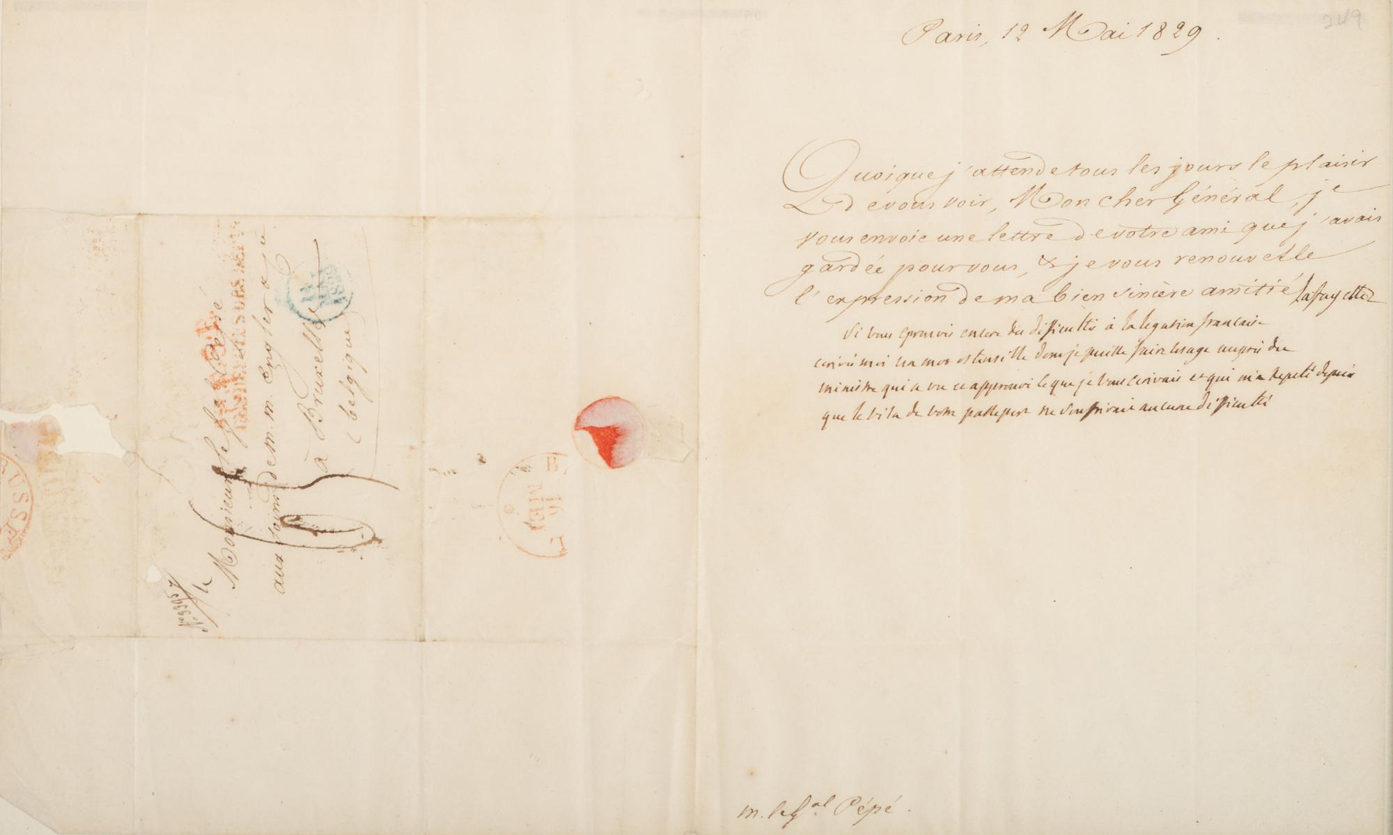 LAFAYETTE, Marie Joseph Paul Yves Roch Gilbert du Motier, Maquis de (1757-1834). Autograph letter signed ("Lafayette"), to General Guglielmo PÉPÉ (1782-1855). Paris, 12 May 1829.
