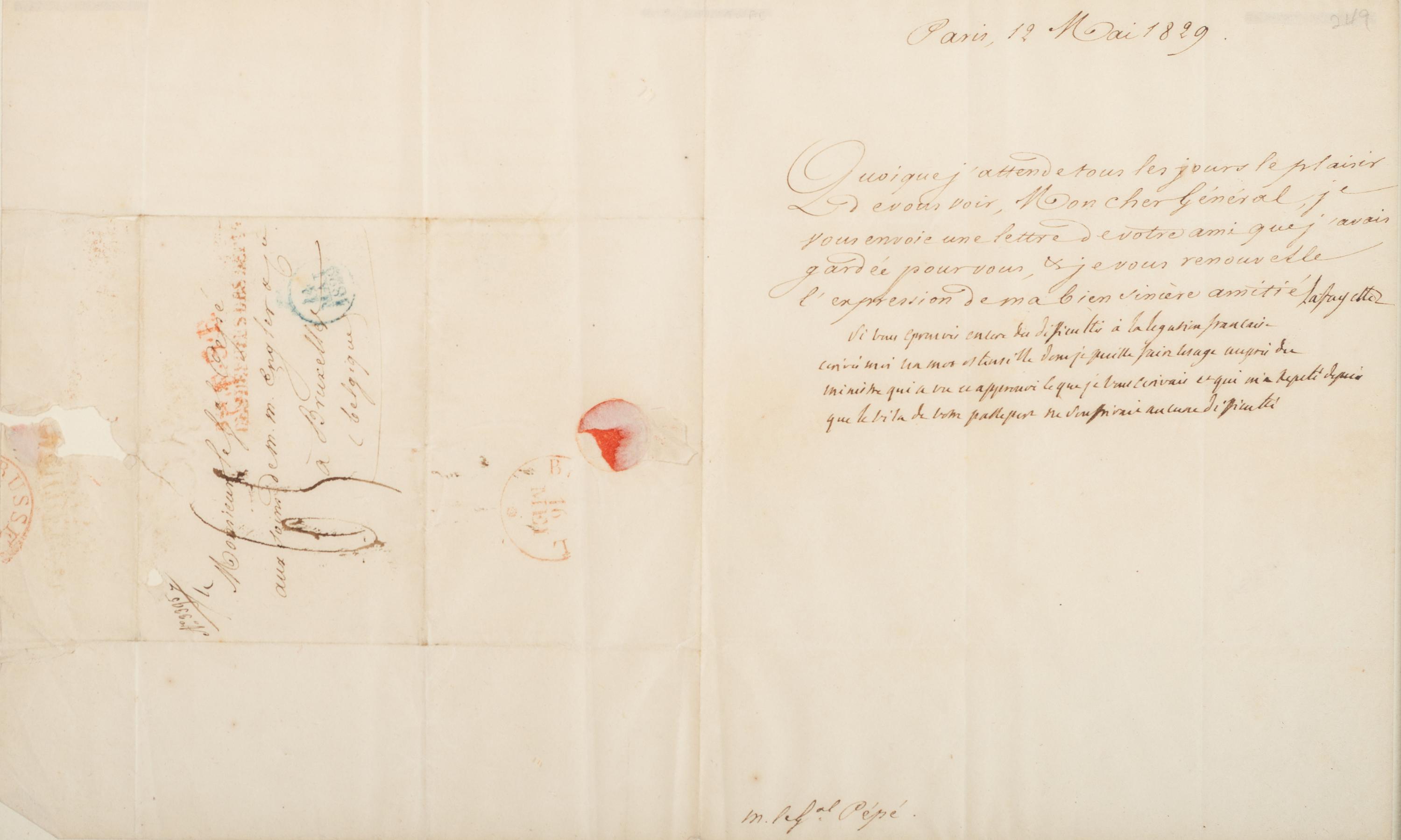 LAFAYETTE, Marie Joseph Paul Yves Roch Gilbert du Motier, Maquis de (1757-1834). Autograph letter signed ("Lafayette"), to General Guglielmo PÉPÉ (1782-1855). Paris, 12 May 1829.