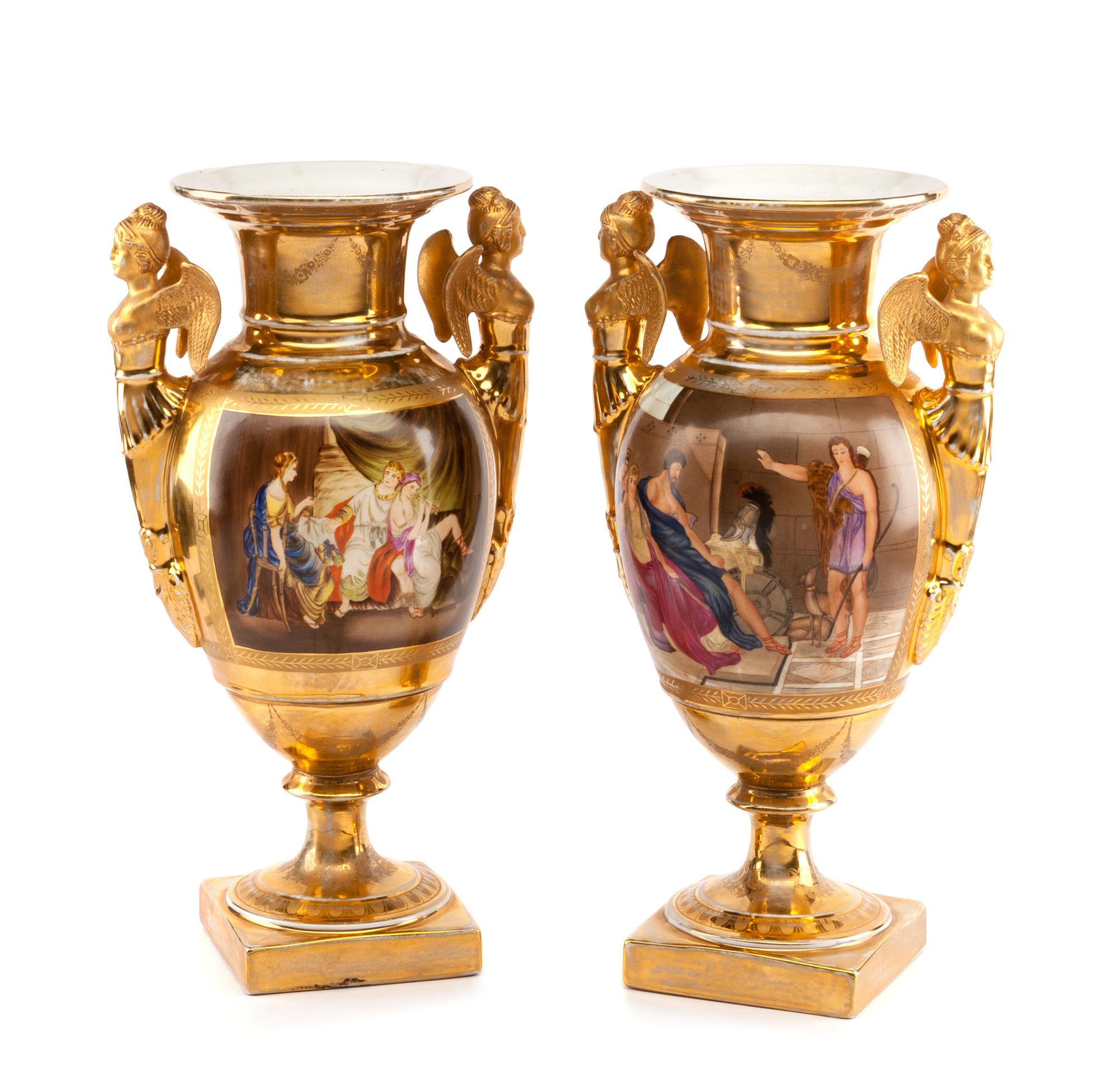 A Pair of Paris Porcelain Vases Height 16 1/2 inches.