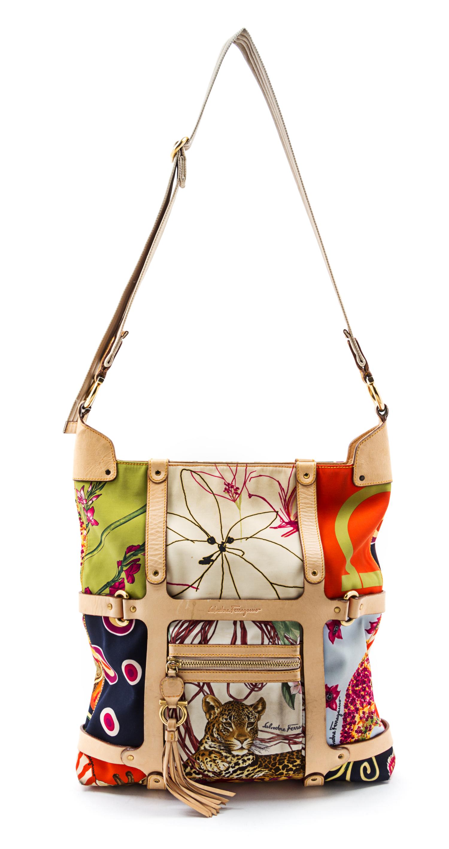 A Salvatore Ferragamo Fiera Print Nylon Tote Bag, 14 x 13 x 2 inches.
