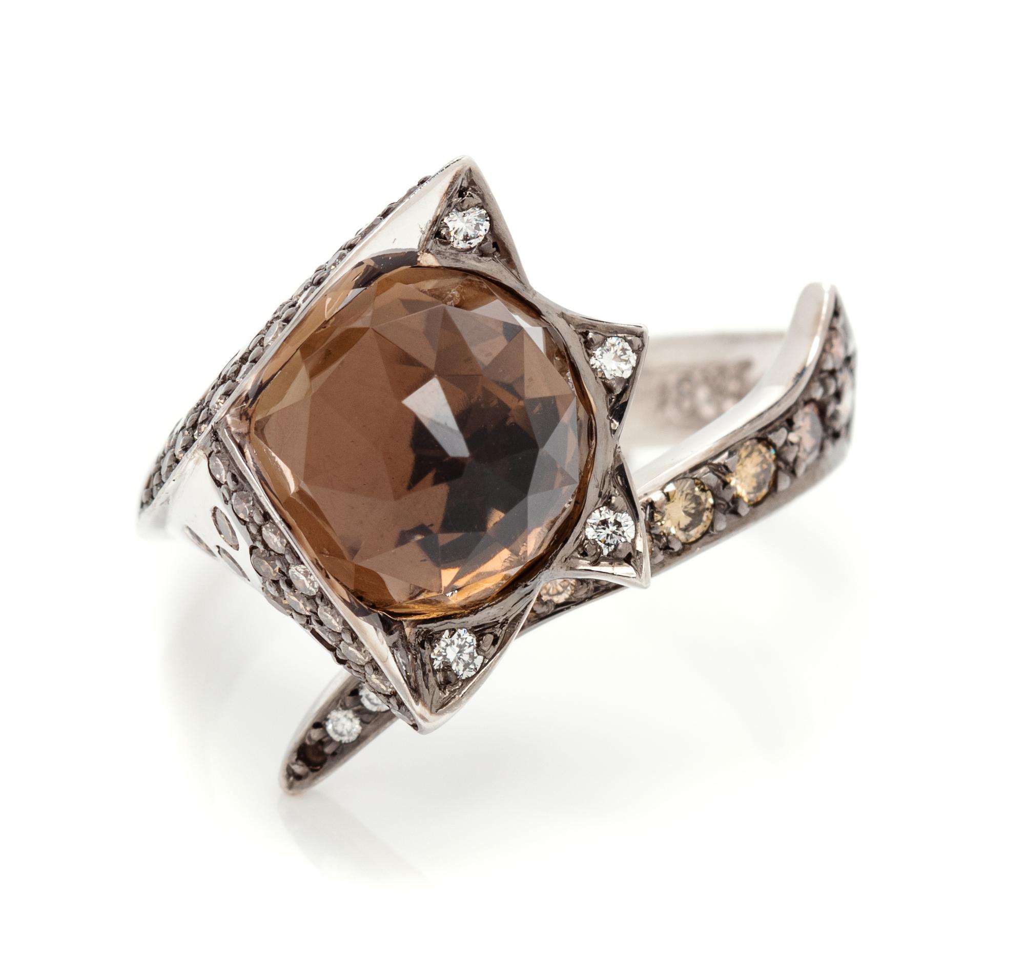 An 18 Karat White Gold, Smoky Quartz and Colored Diamond Ring, Stephen Webster, 6.00 dwts.