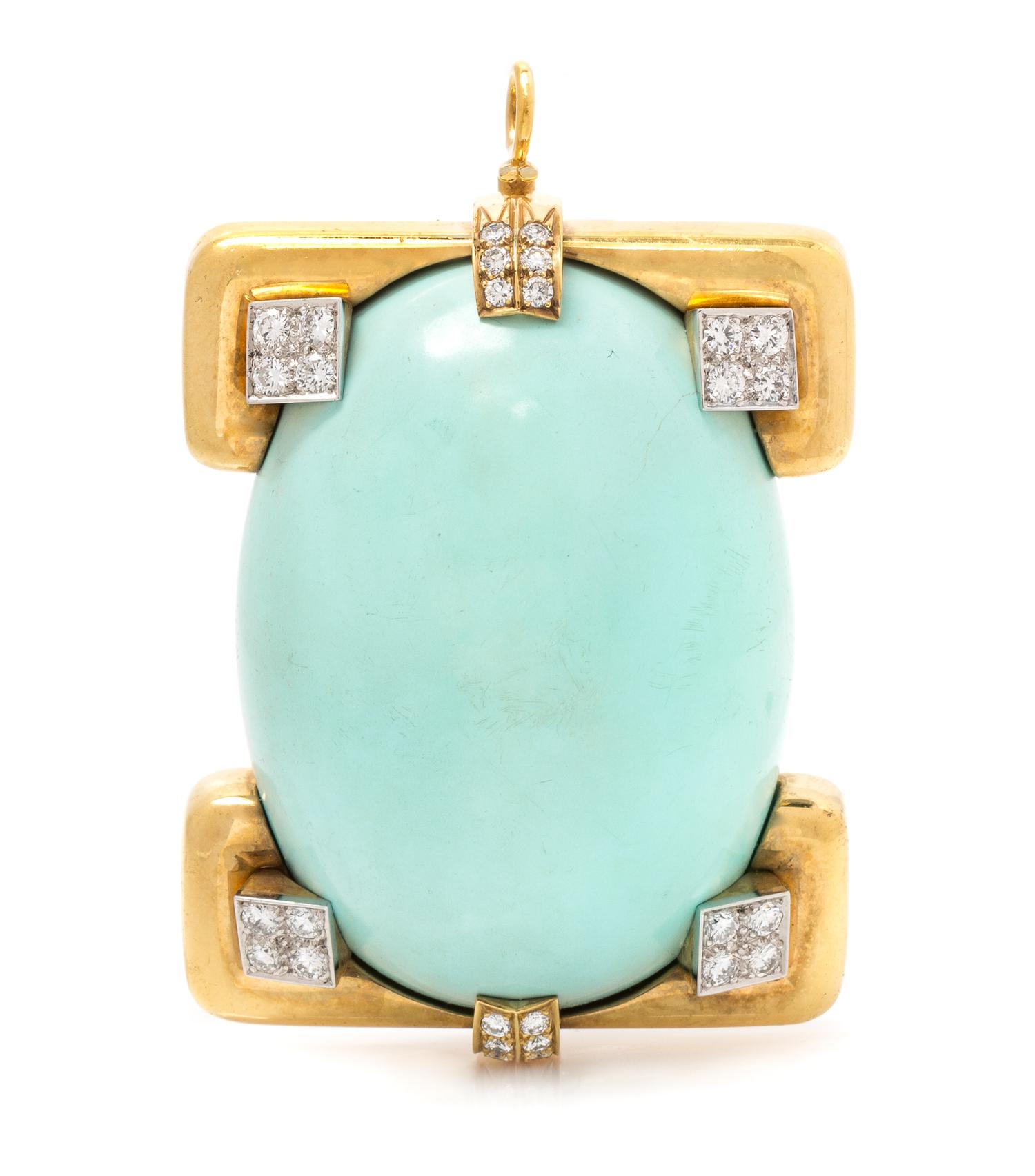 An 18 Karat Yellow Gold, Platinum, Turquoise and Diamond Pendant/Brooch, David Webb, Circa 1960, 69.70 dwts.