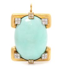 An 18 Karat Yellow Gold, Platinum, Turquoise and Diamond Pendant/Brooch, David Webb, Circa 1960, 69.70 dwts.
