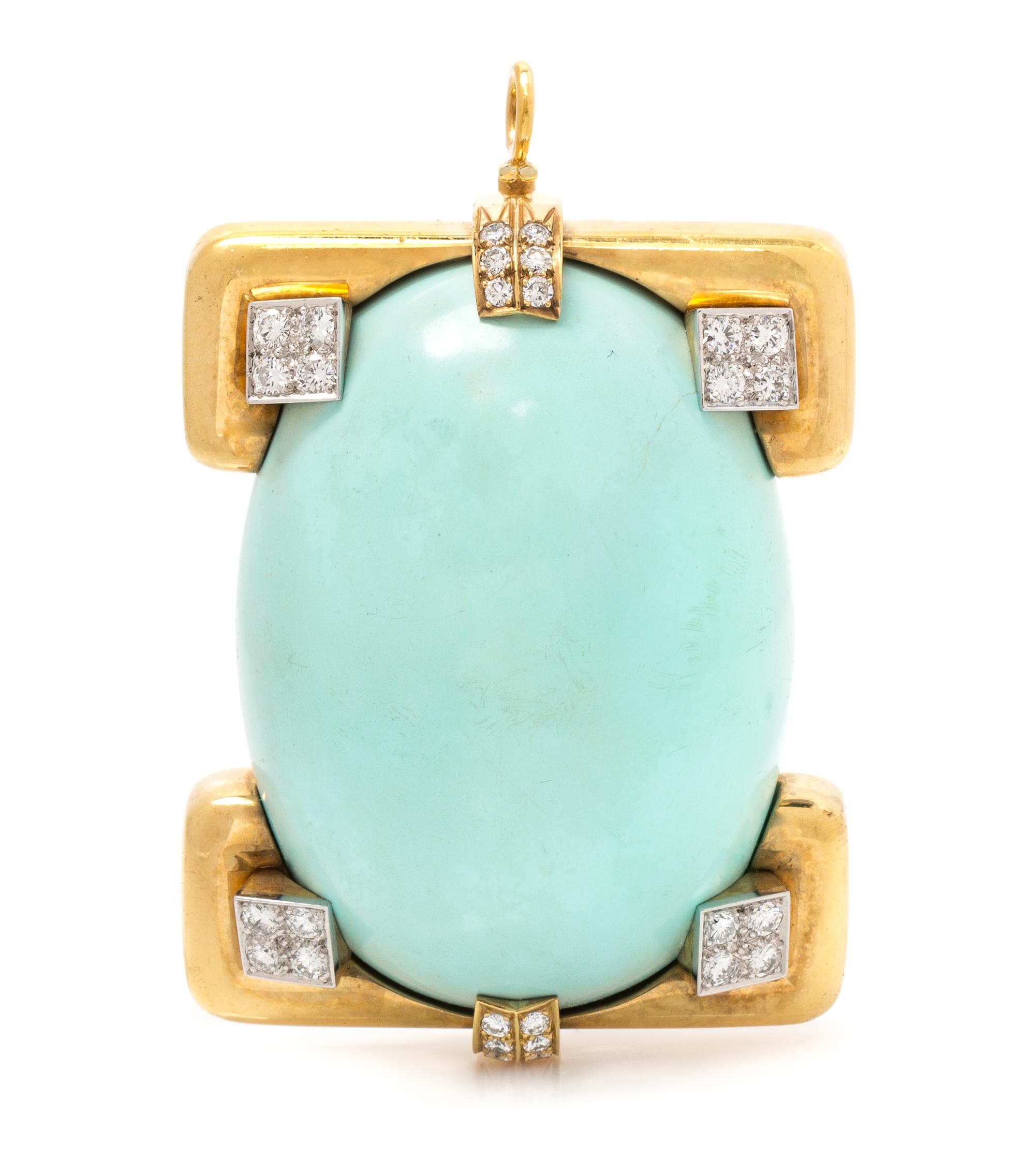 An 18 Karat Yellow Gold, Platinum, Turquoise and Diamond Pendant/Brooch, David Webb, Circa 1960, 69.70 dwts.