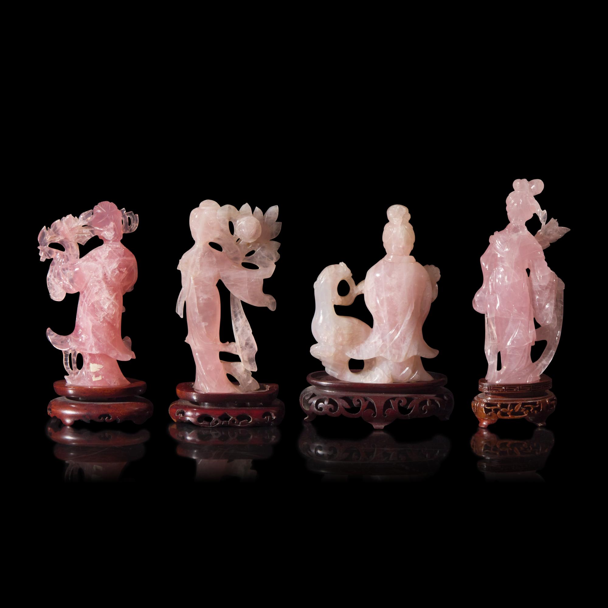 Four Chinese Rose Quartz Figures of Female Immortals, 20th Century — 近代 粉晶仕女擺件一組四件