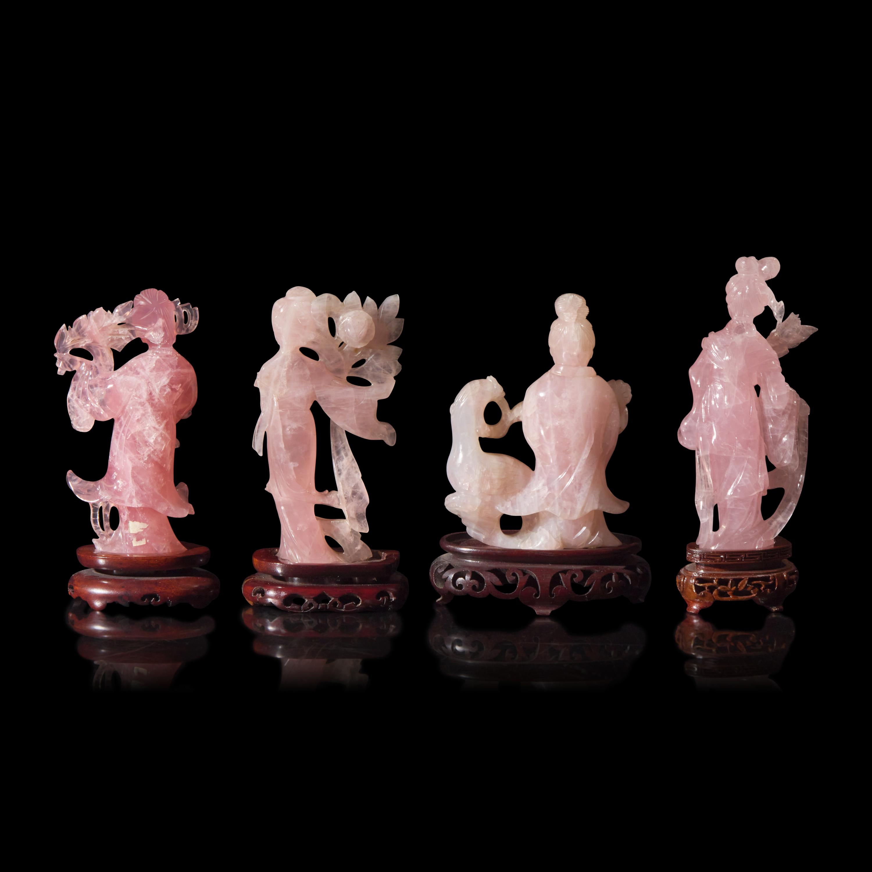 Four Chinese Rose Quartz Figures of Female Immortals, 20th Century — 近代 粉晶仕女擺件一組四件
