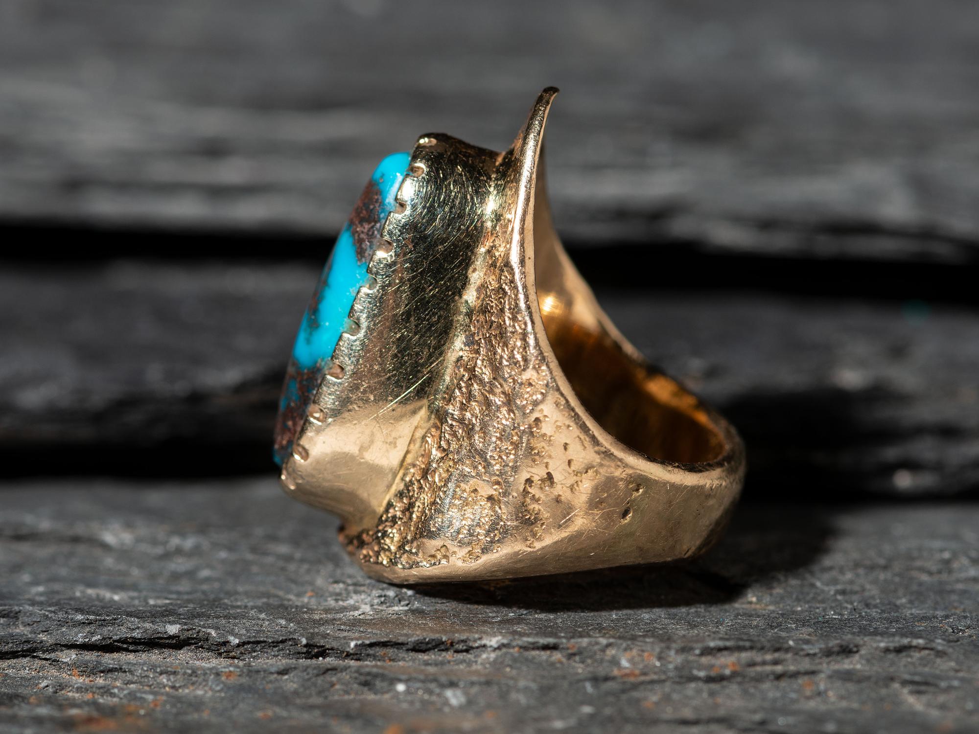 Bisbee Turquoise and 14K Gold Tufa Cast Shield Ring