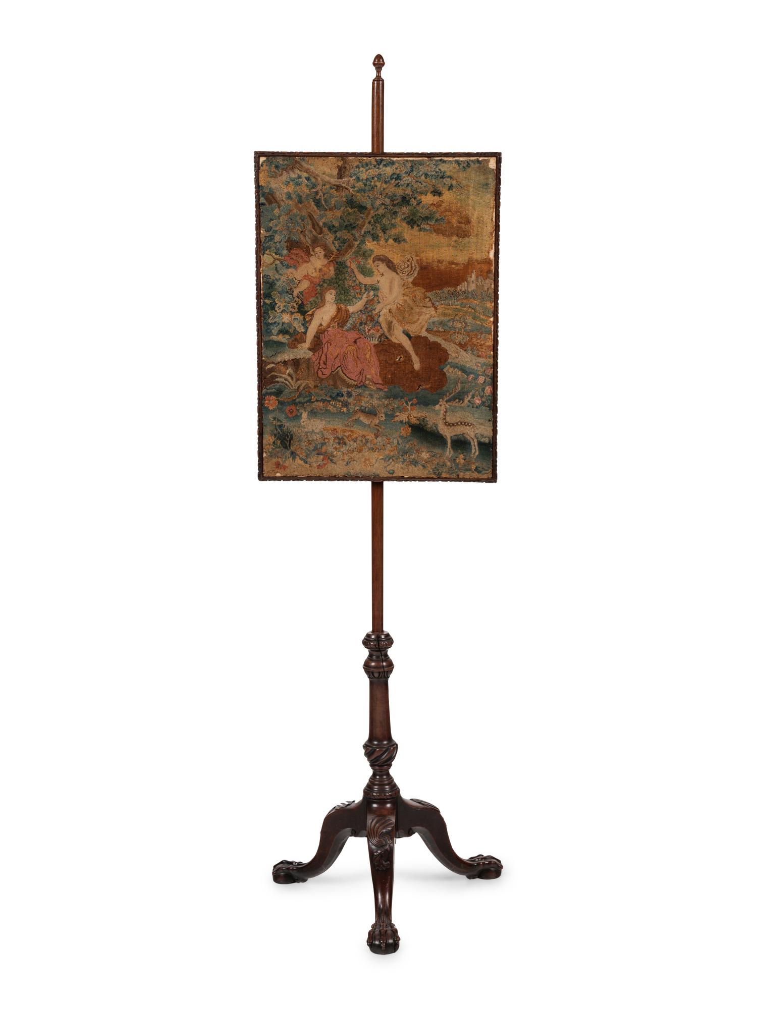 A George III Style Carved Mahogany and Needlepoint Pole Screen