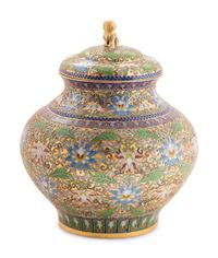 A Chinese Champlevé Brass Covered Urn with a Temple Guardian Finial