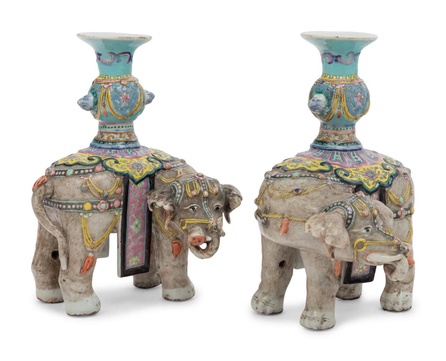A Pair of Chinese Famille Rose Porcelain Elephant-Form Candlesticks