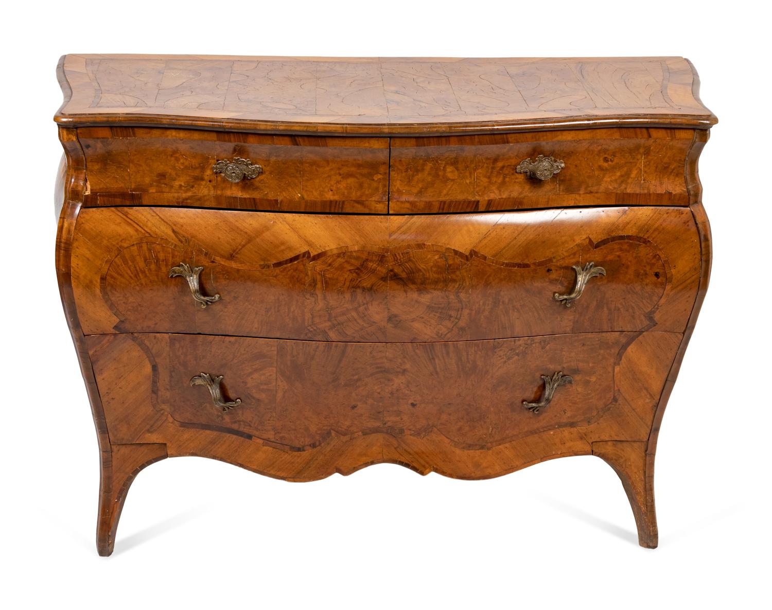 An Italian Rococo Style Walnut or Olivewood Bombe Chest of Drawers