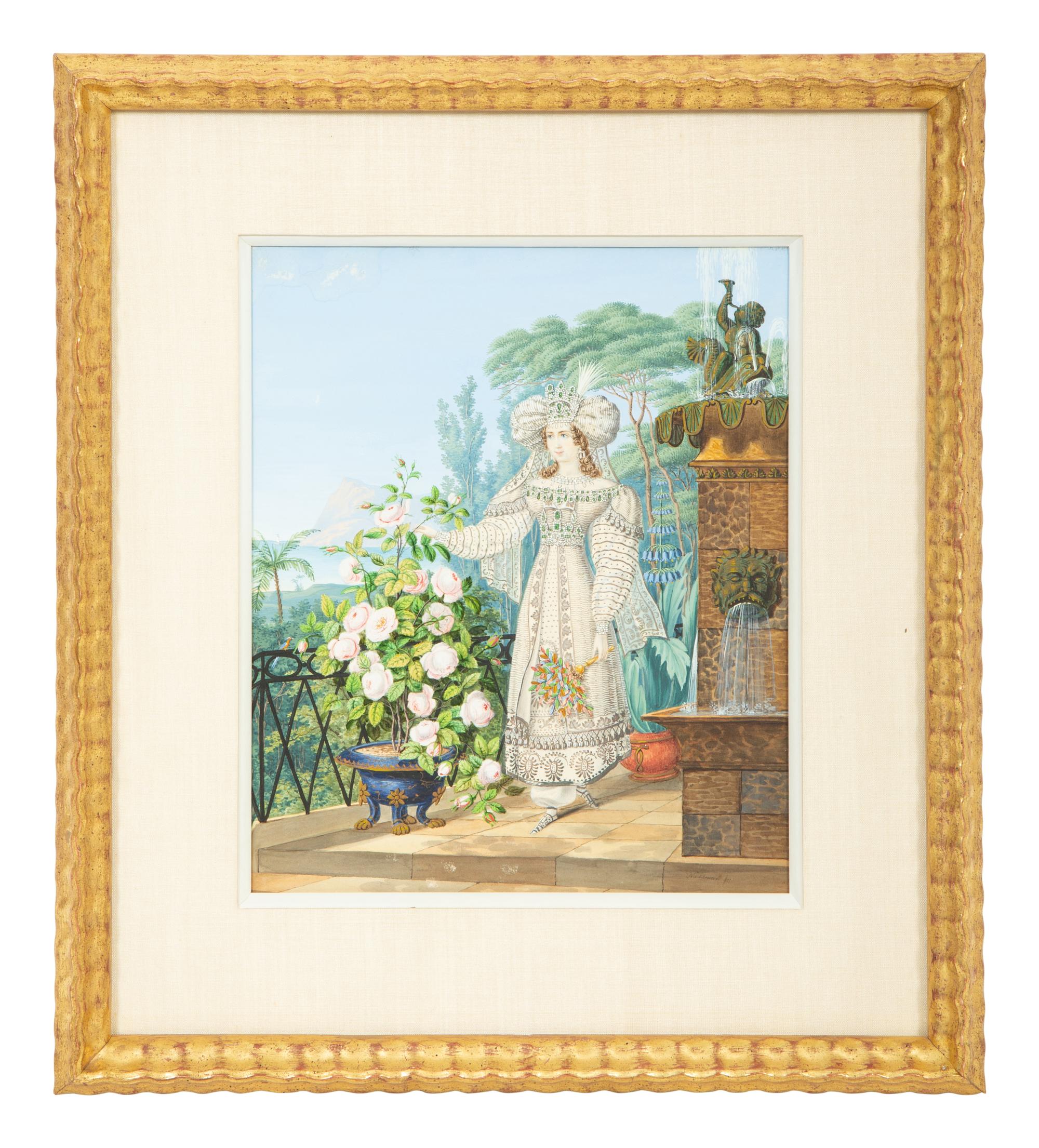 Oriental Lady with Roses on a Terrace