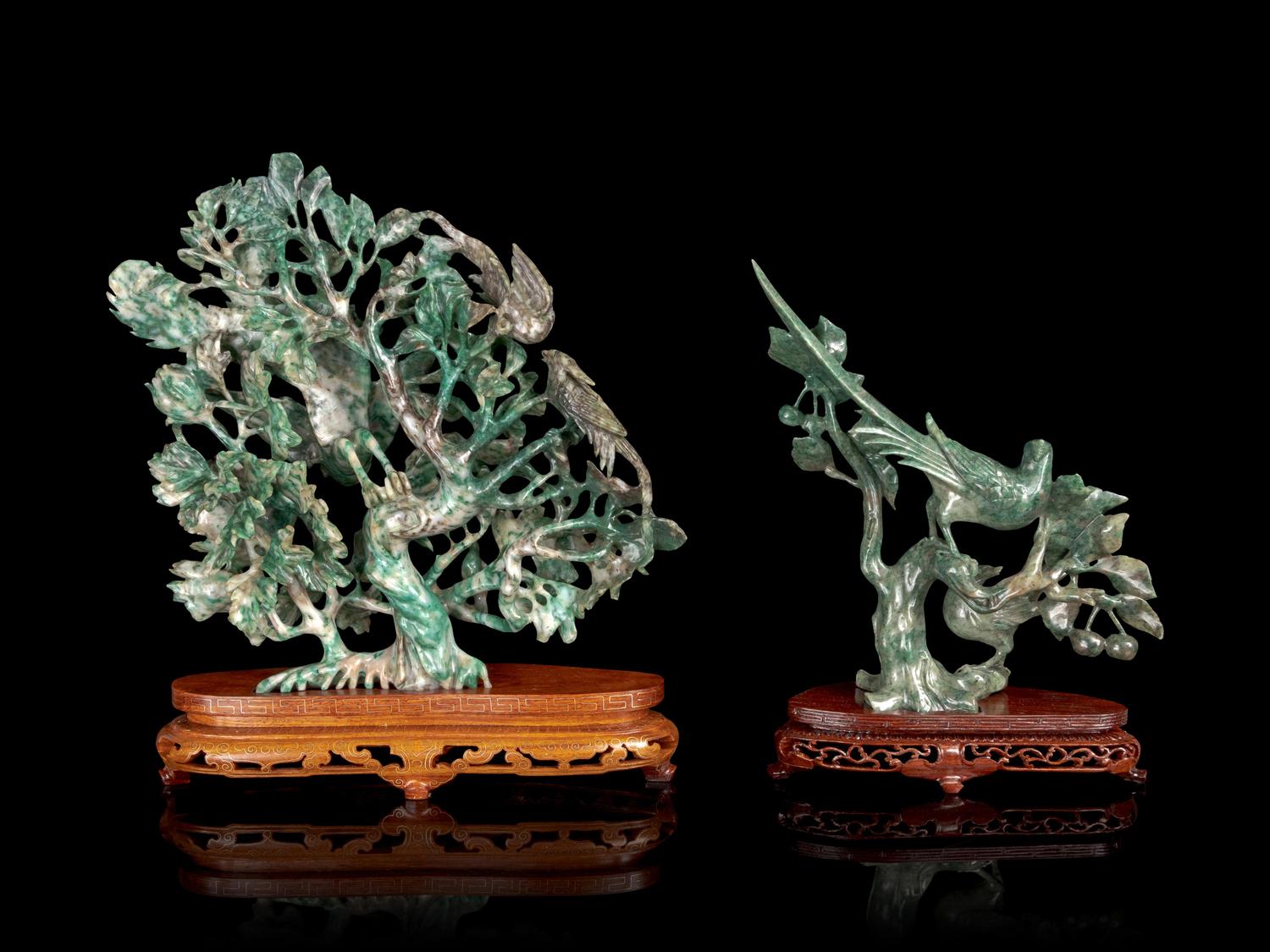 Two Chinese Green Hardstone Figures of Birds