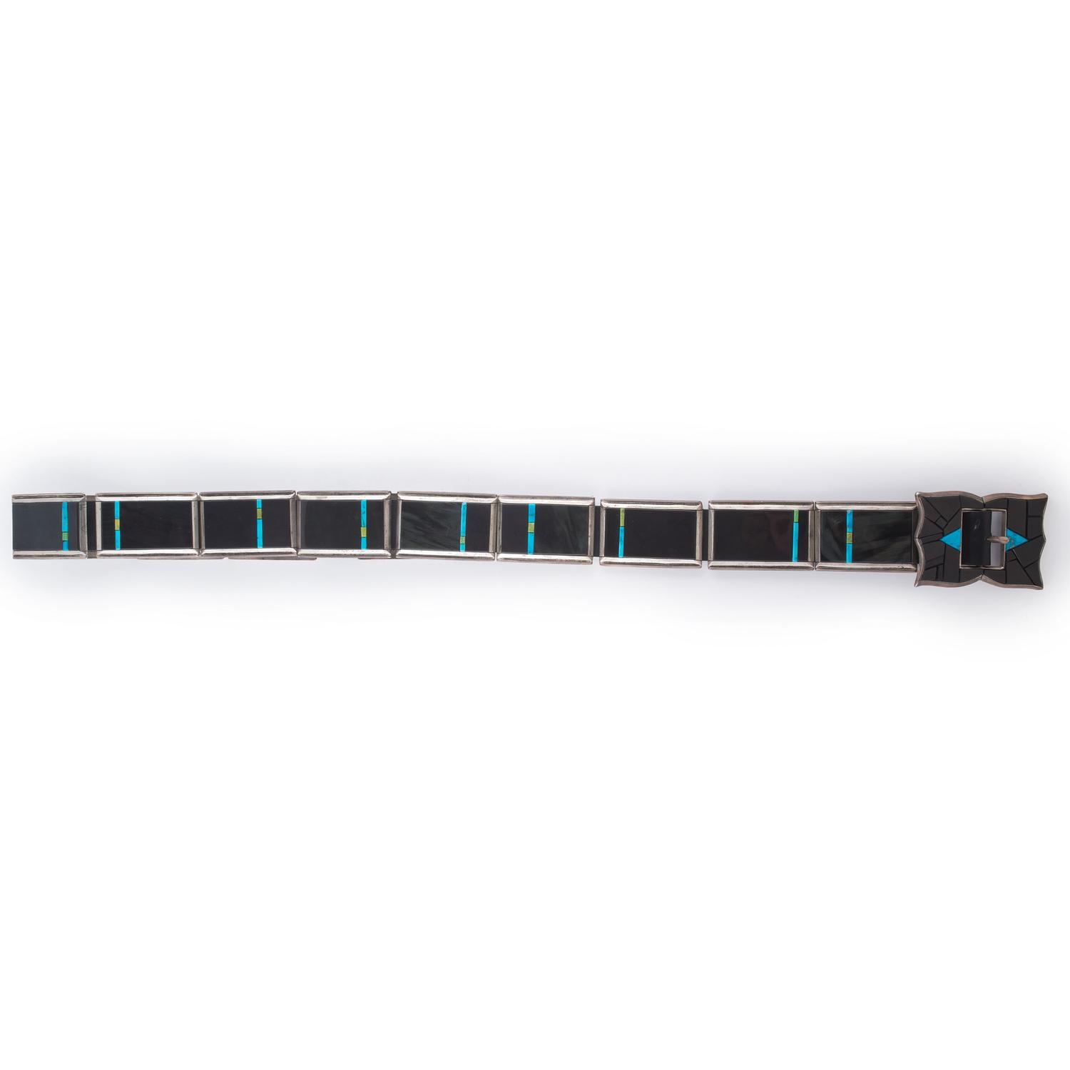 Sterling Silver, Black Jade, Turquoise, and Serpentine Concha Belt