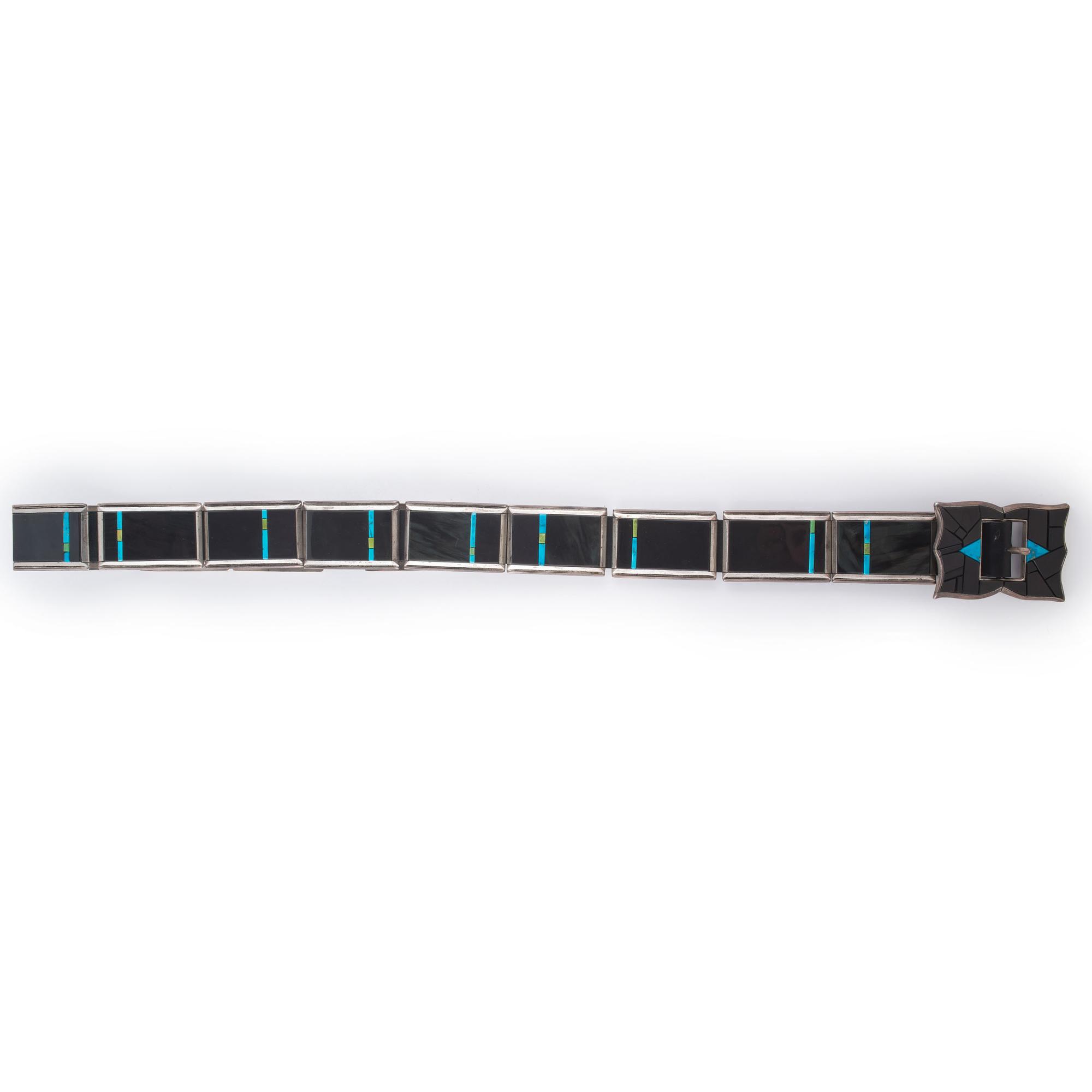 Sterling Silver, Black Jade, Turquoise, and Serpentine Concha Belt