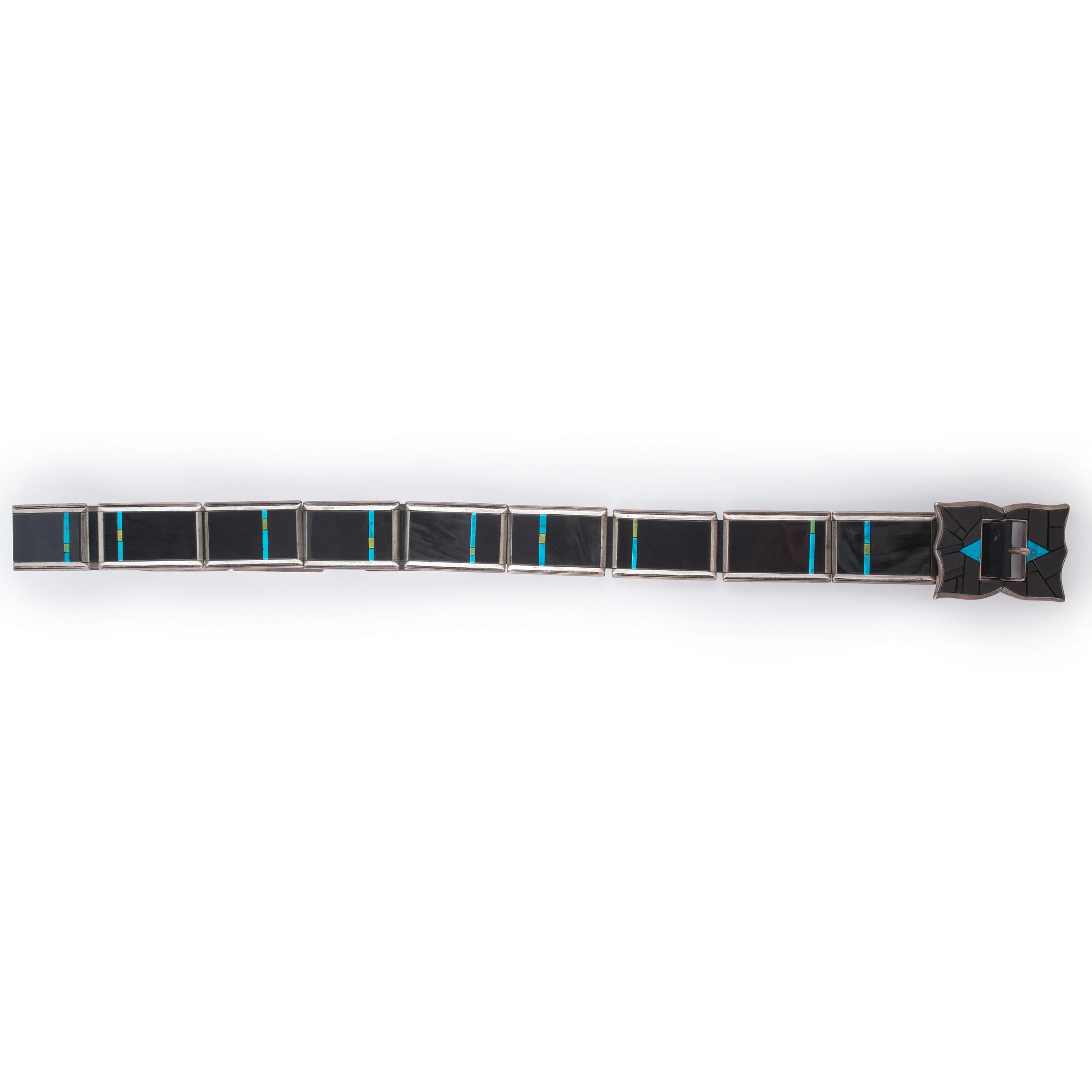 Sterling Silver, Black Jade, Turquoise, and Serpentine Concha Belt