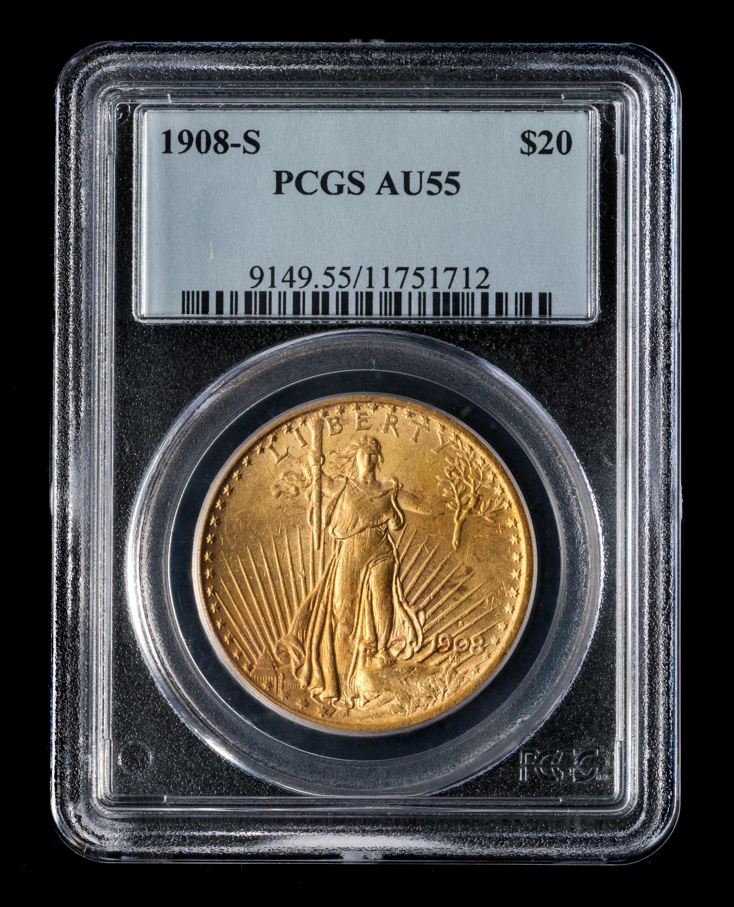 A United States 1908-S St. Gaudens $20 Gold Coin