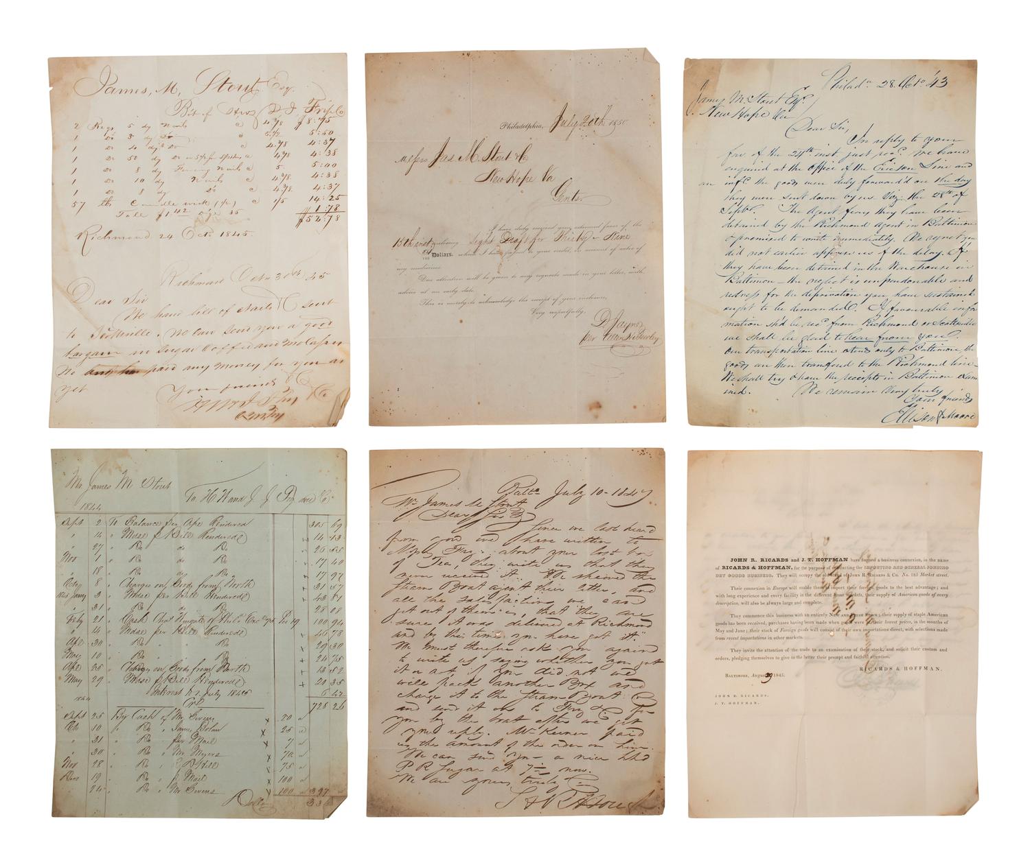 [BUSINESS]. Business correspondence of James M. Stout of New Hope, Virginia, ca 1830s-1850.