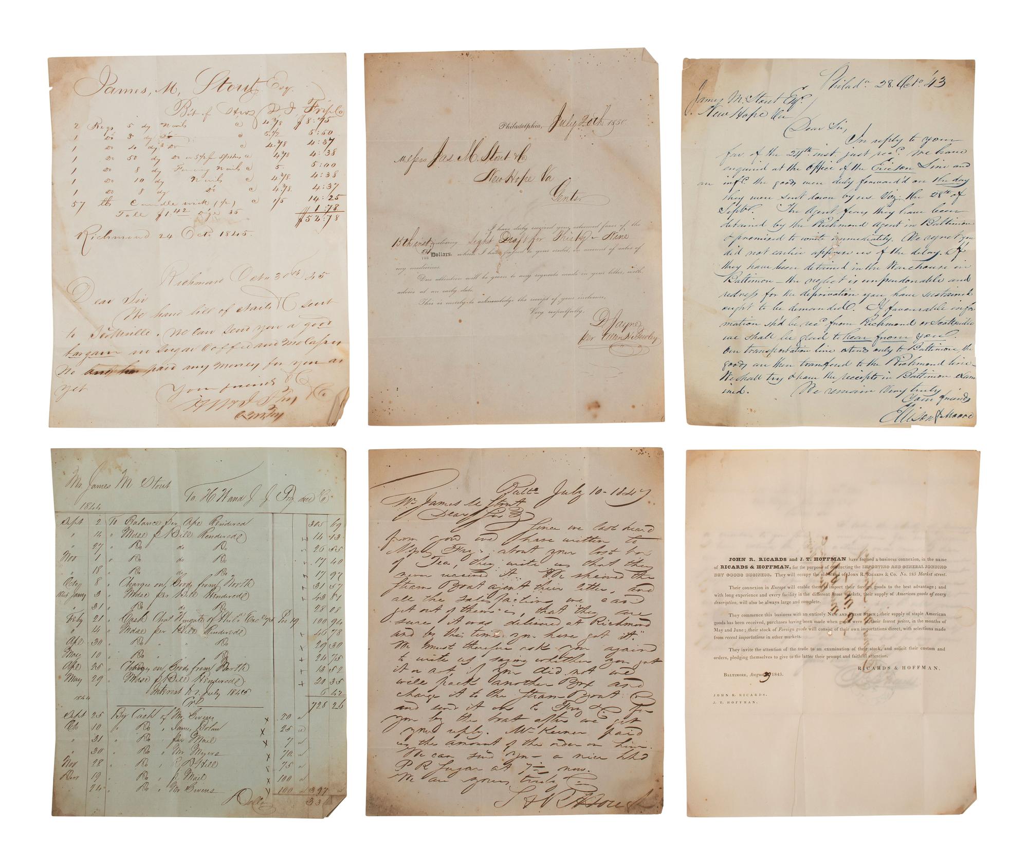 [BUSINESS]. Business correspondence of James M. Stout of New Hope, Virginia, ca 1830s-1850.