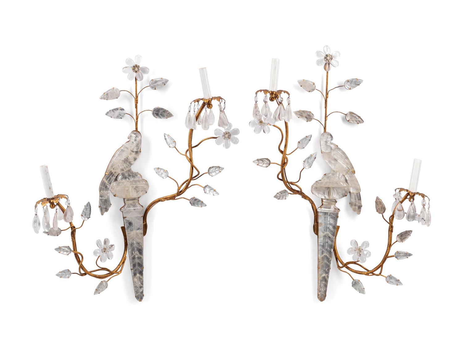 A Pair of Giltwood and Rock Crystal Two-Light Sconces in the Style of Maison Baguès