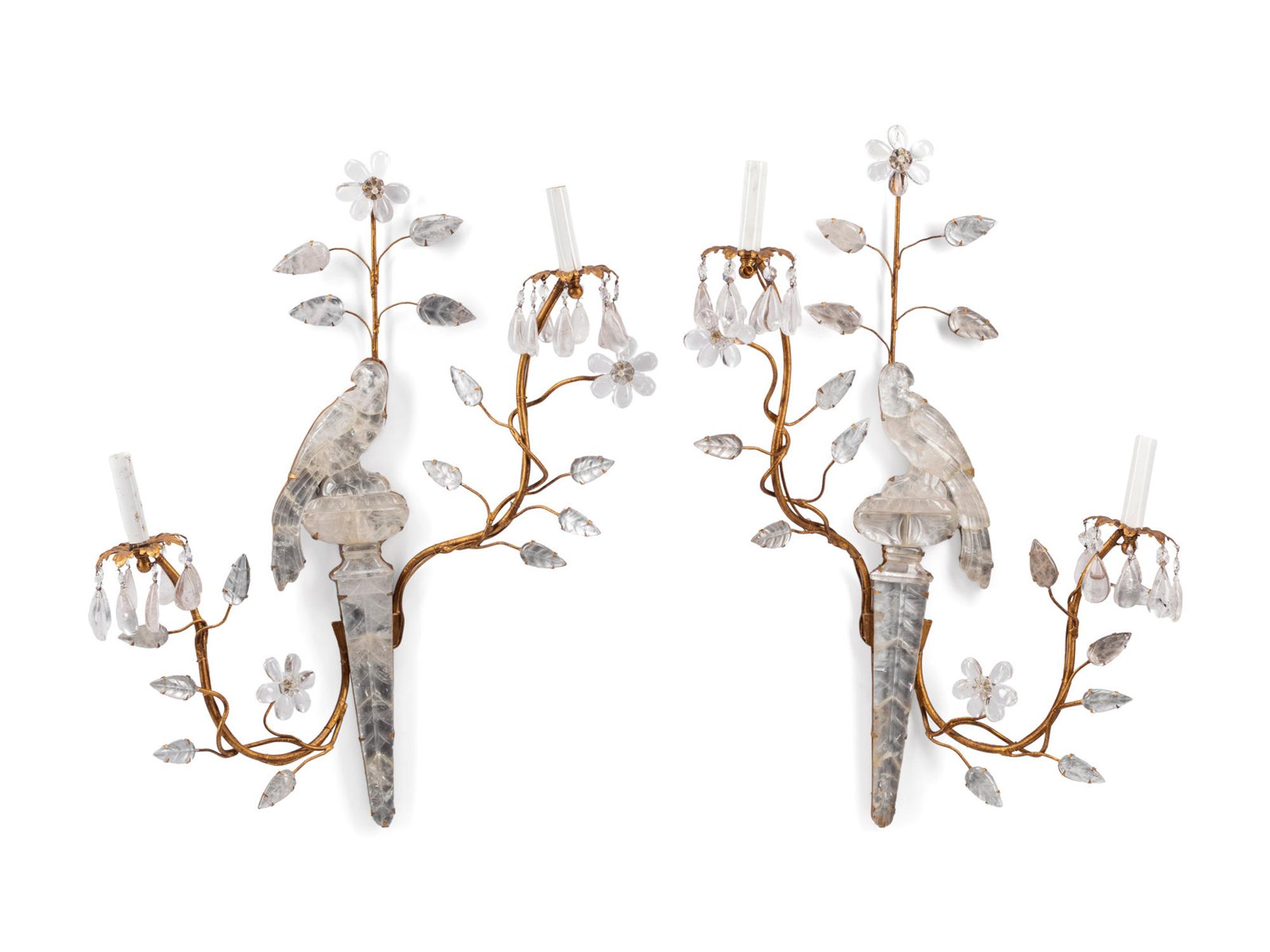 A Pair of Giltwood and Rock Crystal Two-Light Sconces in the Style of Maison Baguès
