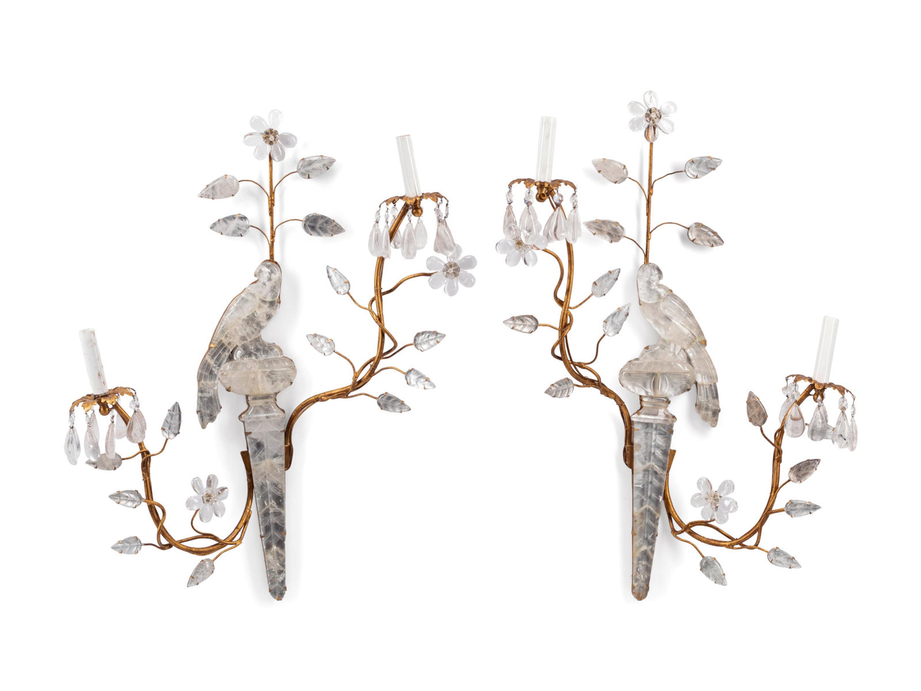 A Pair of Giltwood and Rock Crystal Two-Light Sconces in the Style of Maison Baguès