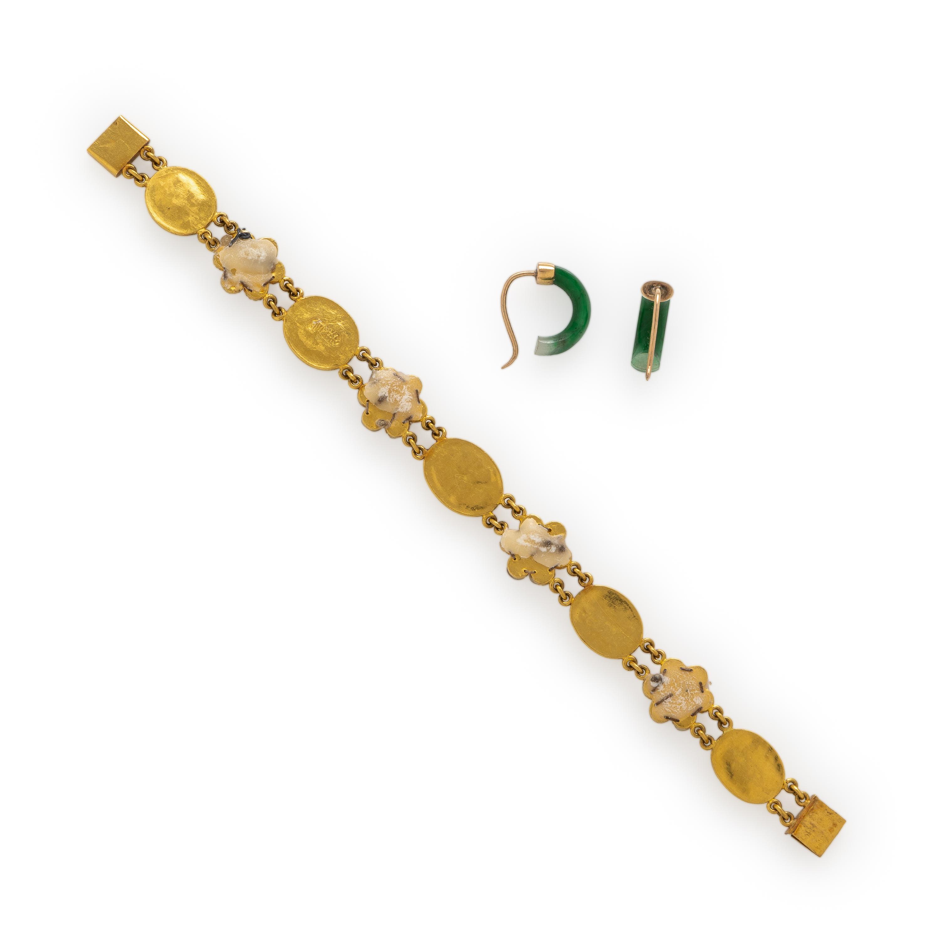 Jade, Seed Pearl, and Yellow Gold Bracelet and Earrings