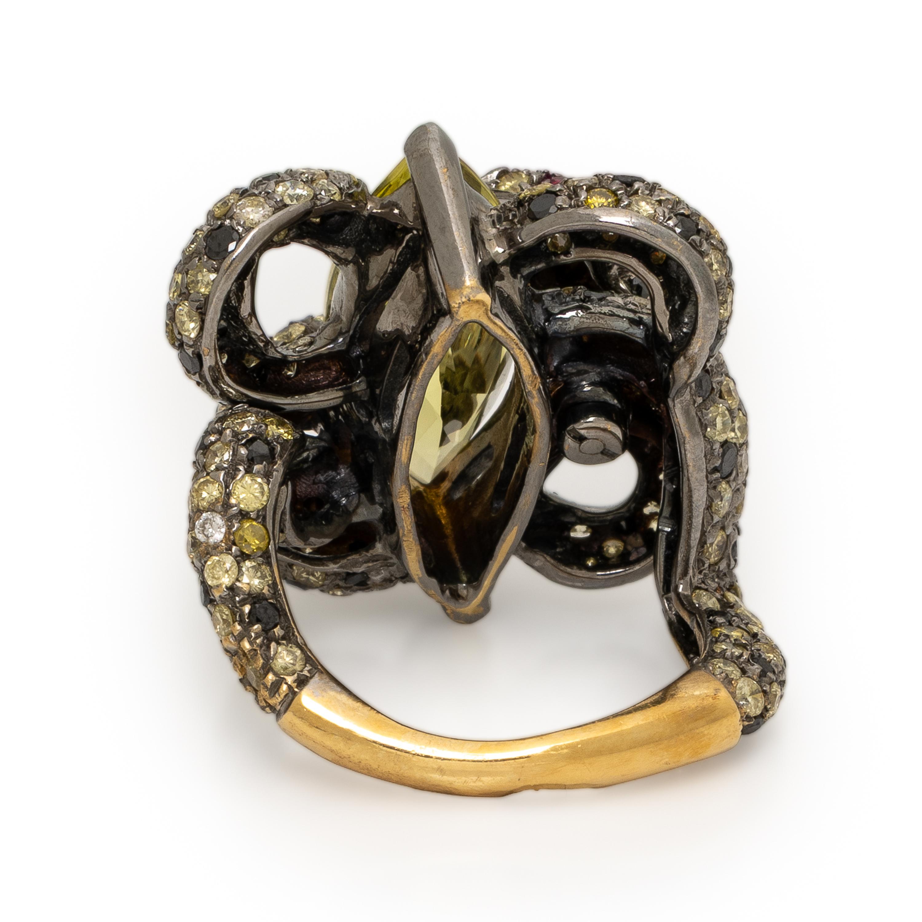 Lemon Quartz, Colored Diamond, and Blackened Gold Snake Ring