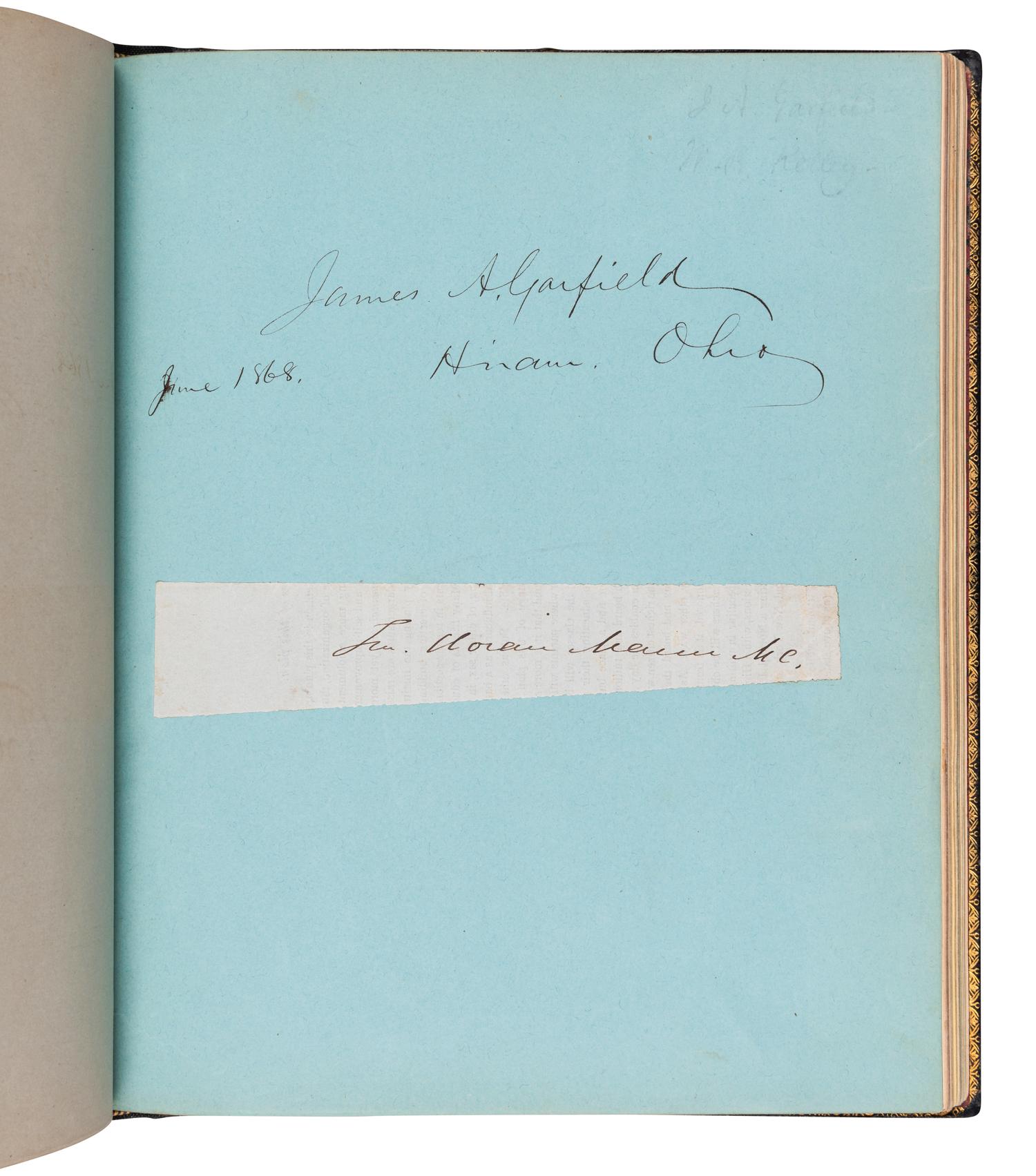[FILLMORE, Millard (1800-1874) -- AUTOGRAPH ALBUM]. An autograph album, ca 1850s-1870s, assembling more than190 inscriptions, signatures, mounted signatures or letters by various American Presidents, statesmen, missionaries and prominent figures, including: James A. Garfield (inscription: “James A. Garfield / June 1868. Hiram, Ohio”), Millard Fillmore (inscription: “Millard Fillmore / Washington City May 28. 1852”), Daniel Webster (mounted inscription and letter), Henry Clay, William Seward (clipped signature), Jefferson Davis (clipped signature), Patrick Henry (clipped signature laid in loose, with a note containing dried flowers from his grave and related note), Henry Ward Beecher (inscription), Bayard Taylor (letter), Samuel F. B. Morse (inscription), Edwin E. Bliss, Hannibal Hamlin, and numerous others.
