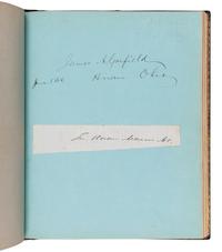 [FILLMORE, Millard (1800-1874) -- AUTOGRAPH ALBUM]. An autograph album, ca 1850s-1870s, assembling more than190 inscriptions, signatures, mounted signatures or letters by various American Presidents, statesmen, missionaries and prominent figures, including: James A. Garfield (inscription: “James A. Garfield / June 1868. Hiram, Ohio”), Millard Fillmore (inscription: “Millard Fillmore / Washington City May 28. 1852”), Daniel Webster (mounted inscription and letter), Henry Clay, William Seward (clipped signature), Jefferson Davis (clipped signature), Patrick Henry (clipped signature laid in loose, with a note containing dried flowers from his grave and related note), Henry Ward Beecher (inscription), Bayard Taylor (letter), Samuel F. B. Morse (inscription), Edwin E. Bliss, Hannibal Hamlin, and numerous others.