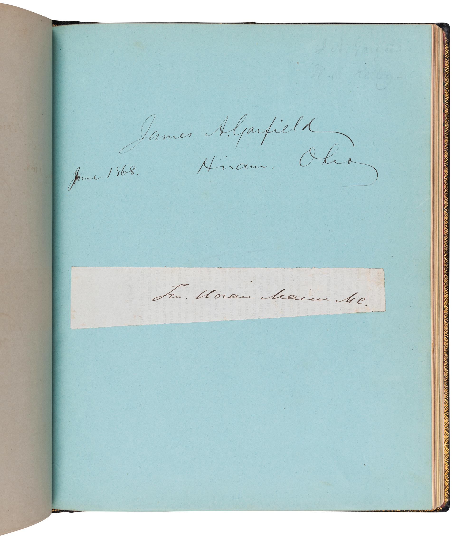 [FILLMORE, Millard (1800-1874) -- AUTOGRAPH ALBUM]. An autograph album, ca 1850s-1870s, assembling more than190 inscriptions, signatures, mounted signatures or letters by various American Presidents, statesmen, missionaries and prominent figures, including: James A. Garfield (inscription: “James A. Garfield / June 1868. Hiram, Ohio”), Millard Fillmore (inscription: “Millard Fillmore / Washington City May 28. 1852”), Daniel Webster (mounted inscription and letter), Henry Clay, William Seward (clipped signature), Jefferson Davis (clipped signature), Patrick Henry (clipped signature laid in loose, with a note containing dried flowers from his grave and related note), Henry Ward Beecher (inscription), Bayard Taylor (letter), Samuel F. B. Morse (inscription), Edwin E. Bliss, Hannibal Hamlin, and numerous others.