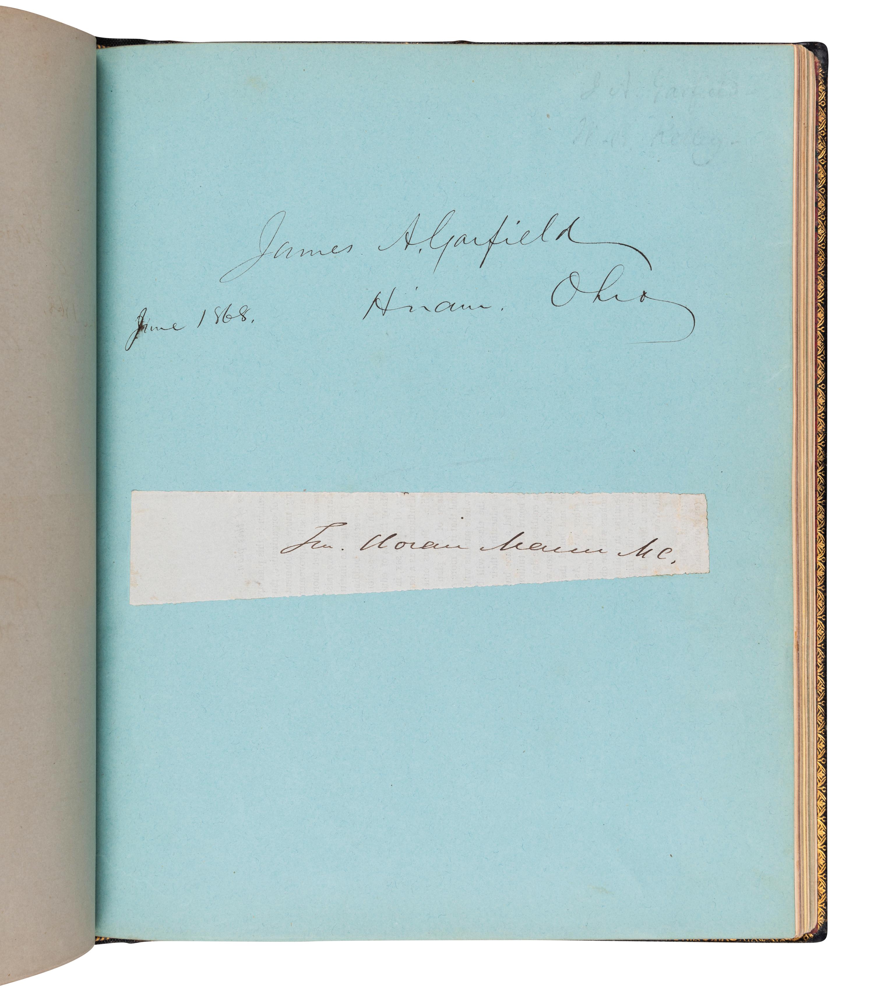 [FILLMORE, Millard (1800-1874) -- AUTOGRAPH ALBUM]. An autograph album, ca 1850s-1870s, assembling more than190 inscriptions, signatures, mounted signatures or letters by various American Presidents, statesmen, missionaries and prominent figures, including: James A. Garfield (inscription: “James A. Garfield / June 1868. Hiram, Ohio”), Millard Fillmore (inscription: “Millard Fillmore / Washington City May 28. 1852”), Daniel Webster (mounted inscription and letter), Henry Clay, William Seward (clipped signature), Jefferson Davis (clipped signature), Patrick Henry (clipped signature laid in loose, with a note containing dried flowers from his grave and related note), Henry Ward Beecher (inscription), Bayard Taylor (letter), Samuel F. B. Morse (inscription), Edwin E. Bliss, Hannibal Hamlin, and numerous others.