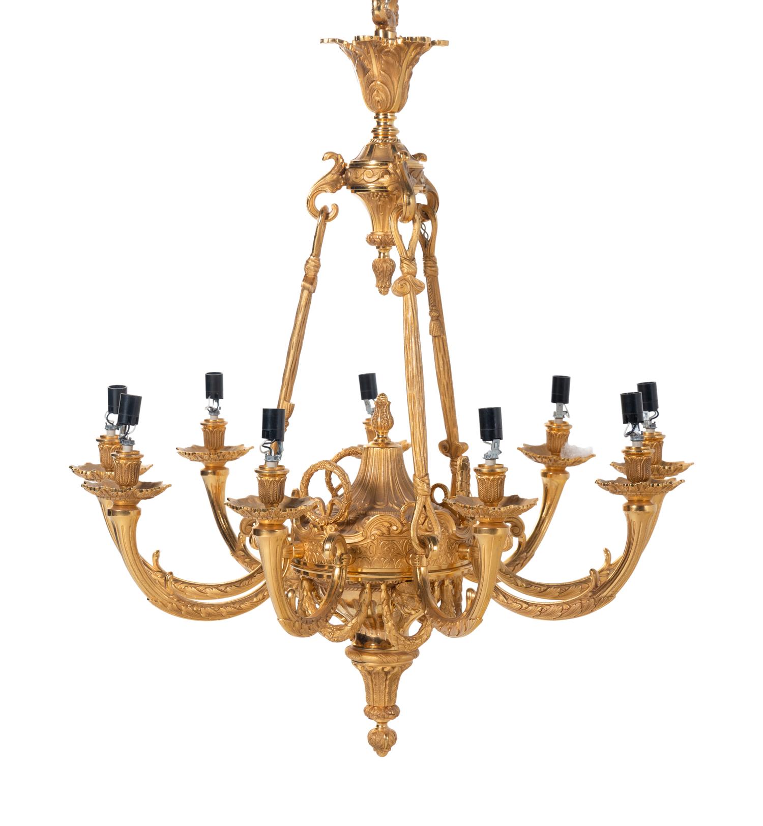 A Pair of Empire Style Gilt Bronze Nine-Light Chandeliers