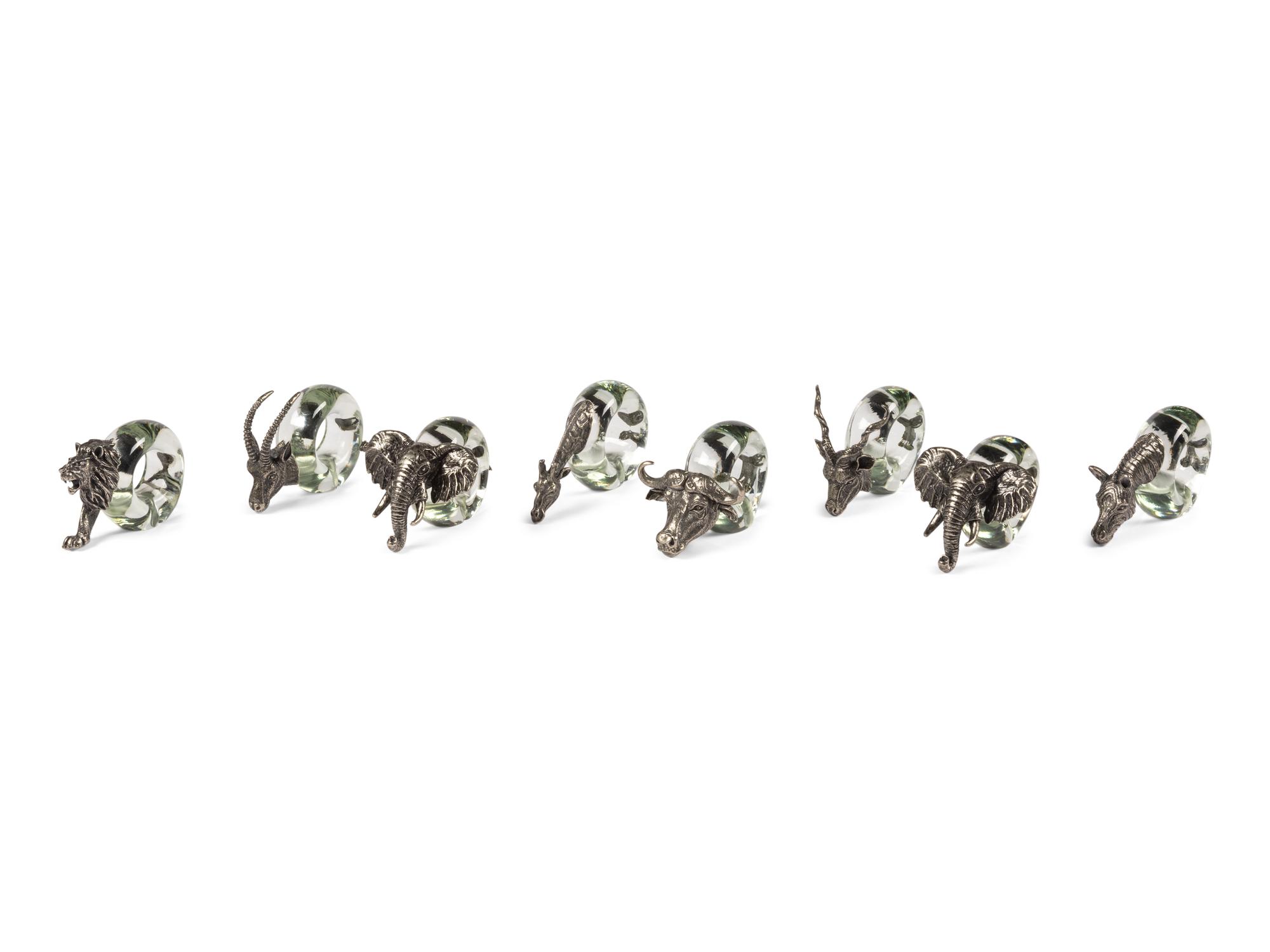 A Set of Eight Ngwenya Glass and Pewter Animal-Form Napkin Rings