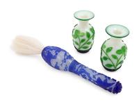 A Pair of Chinese Green Overlay Milky White Glass Vases and A Chinese Blue Overlay Snow Flake Ground Glass Brush Holder